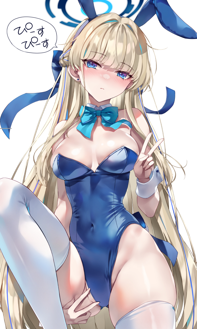 1girl animal_ears bare_shoulders blonde_hair blue_archive blue_bow blue_eyes blue_hairband blue_leotard blush bow bowtie braid breasts closed_mouth covered_navel detached_collar double_v fake_animal_ears hairband halo hand_up highleg highleg_leotard leotard long_hair looking_at_viewer medium_breasts official_alternate_costume official_alternate_hairstyle playboy_bunny rabbit_ears skindentation speech_bubble symbol-shaped_pupils thighhighs thighs toki_(blue_archive) toki_(bunny)_(blue_archive) tomose_shunsaku v very_long_hair white_thighhighs wrist_cuffs