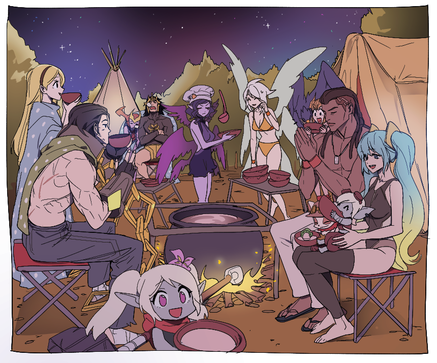 4boys 6+girls bikini bird black_gloves black_hair blonde_hair blue_eyes blue_hair bowl camping chair closed_eyes closed_mouth colored_skin crossed_arms crow dark-skinned_male dark_skin demacia_(league_of_legends) dragon_girl eating fingerless_gloves flower food gloves hair_between_eyes hair_flower hair_ornament hammer hat holding holding_bowl jarvan_iv_(league_of_legends) jewelry kayle_(league_of_legends) league_of_legends long_hair lucian_(league_of_legends) lux_(league_of_legends) morgana_(league_of_legends) multiple_boys multiple_girls multiple_wings muscular muscular_male necklace night night_sky on_chair on_ground open_mouth orange_bikini outdoors parted_bangs poppy_(league_of_legends) purple_eyes purple_hair quinn_(league_of_legends) scarf shadow short_hair shyvana siblings sidelocks sisters sitting sky sleeping smile sona_(league_of_legends) star_(sky) starry_sky sweatdrop swimsuit sylas_(league_of_legends) table teemo tent tree tristana white_hair wings yordle zaket07