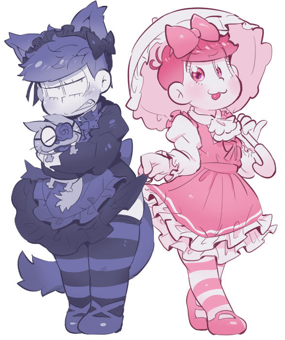 :3 animal animal_ears ascot blush brothers cat cat_boy cat_ears cat_tail clenched_teeth clothes_lift crossdressing esper_nyanko flower_eyepatch frilled_headwear frilled_umbrella frills gothic_lolita holding holding_animal holding_cat holding_umbrella juliet_sleeves lolita_fashion long_sleeves maid_headdress male_focus matsuno_ichimatsu matsuno_todomatsu osomatsu-san parasol pink_theme pinky_out plump puffy_sleeves purple_theme sanjiro_(tenshin_anman) siblings skirt skirt_lift striped striped_thighhighs sweet_lolita tail teeth thick_thighs thighhighs thighs umbrella white_background