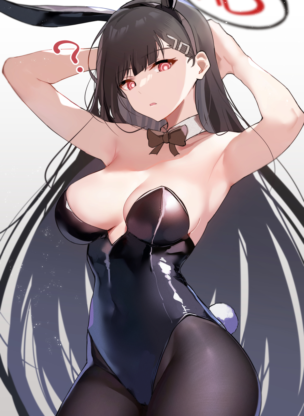 1girl ? animal_ears arito_arayuru arms_behind_head black_bow black_bowtie black_hair black_leotard black_pantyhose blue_archive bow bowtie breasts bright_pupils cowboy_shot detached_collar fake_animal_ears fake_tail hair_ornament hairpin halo highres large_breasts leotard looking_at_viewer open_mouth pantyhose rabbit_ears rabbit_tail red_eyes rio_(blue_archive) simple_background solo tail white_background white_pupils