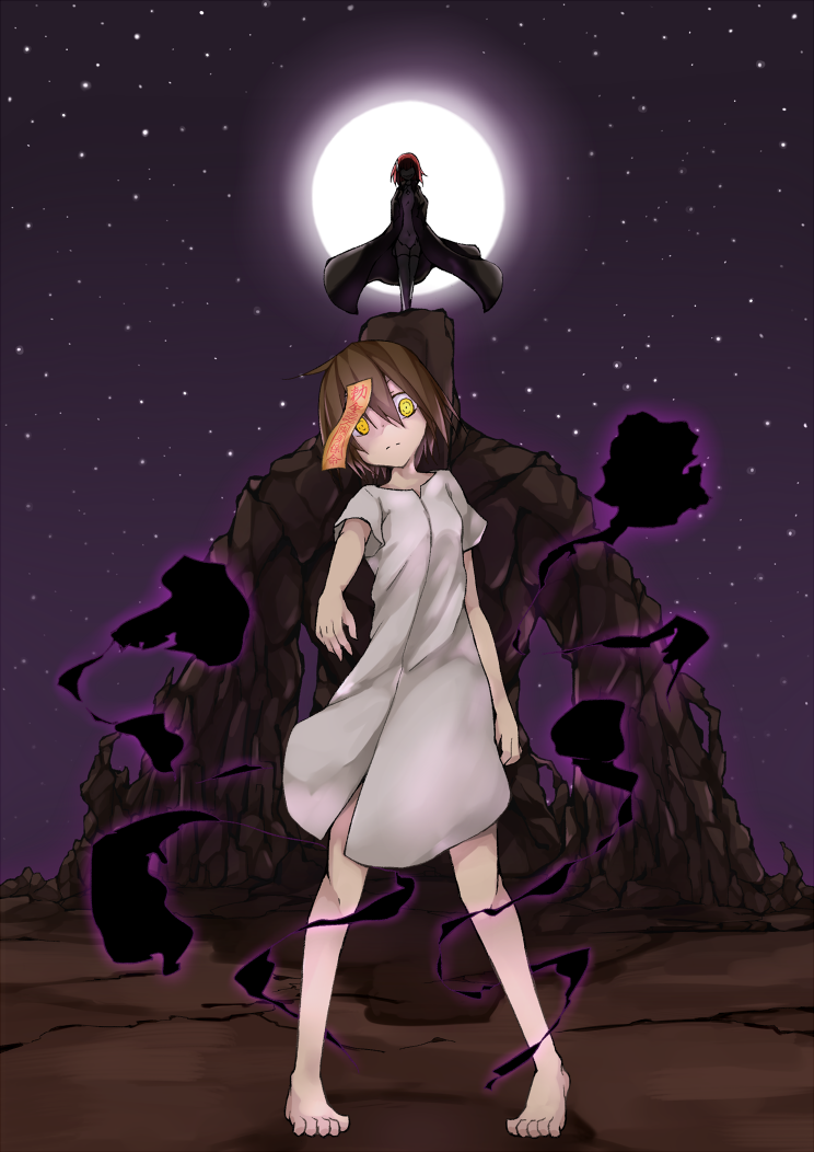 2girls asameshi azuma_rin barefoot black_coat breasts brown_hair closed_mouth coat commentary_request darkness dress expressionless full_body full_moon jiangshi kurumaki_zakuro looking_at_viewer moon multiple_girls night ofuda pigeon-toed purple_sky red_hair rock short_hair short_sleeves sky small_breasts star_(sky) starry_sky thighhighs white_dress white_thighhighs yellow_eyes yozakura_quartet