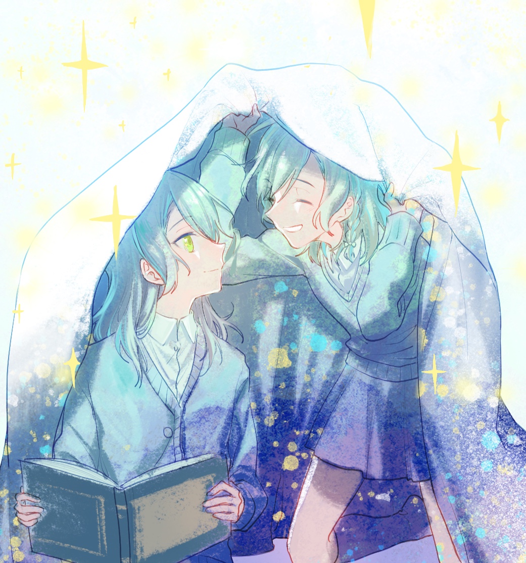 2girls aqua_hair bang_dream! blue_cardigan blue_sweater book cardigan closed_eyes green_eyes hikawa_hina hikawa_sayo holding holding_book kneehighs long_hair looking_at_another medium_hair multiple_girls purple_socks shared_blanket shirt siblings sisters socks sweater twins under_covers walluka white_shirt