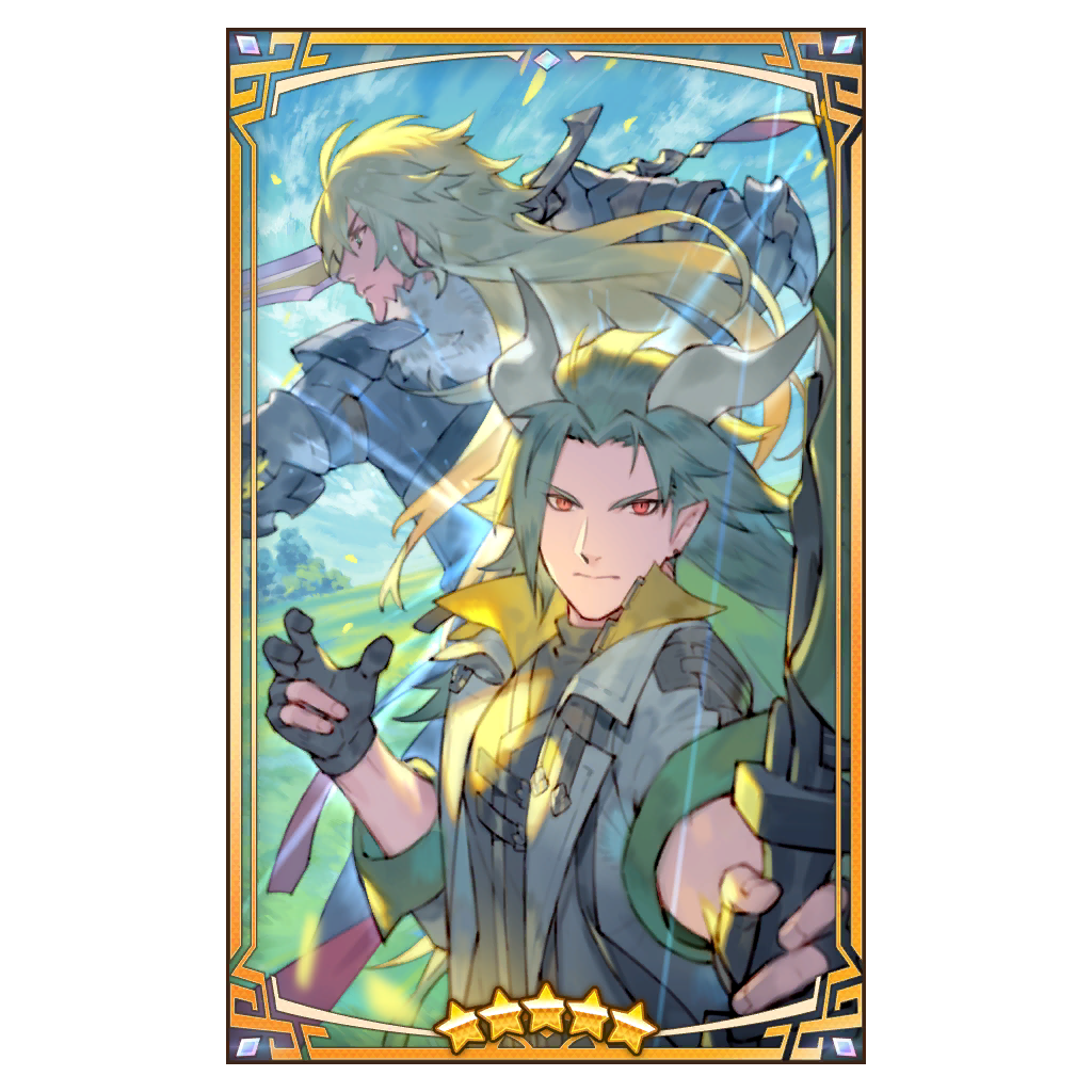 2boys alberius_(dragalia_lost) blonde_hair blue_sky bow_(weapon) cloud cloudy_sky dragalia_lost dragon_boy dragon_horns gloves grass green_eyes green_hair holding holding_bow_(weapon) holding_sword holding_weapon horns humanoid_midgardsormr_(dragalia_lost) incoming_attack looking_at_viewer looking_to_the_side male_focus multiple_boys partially_fingerless_gloves pointy_ears red_eyes sky star_(symbol) sword tree weapon zhuzi
