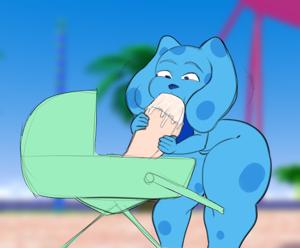 anthro baby big_penis blue's_clues blue_(blue's_clues) blue_body bodily_fluids canid canine canis domestic_dog duo fellatio female gaster77 genitals hand_on_penis huge_penis human hyper hyper_genitalia hyper_penis male male/female mammal nickelodeon oral penile penis saliva saliva_on_penis sex stroller thick_thighs young