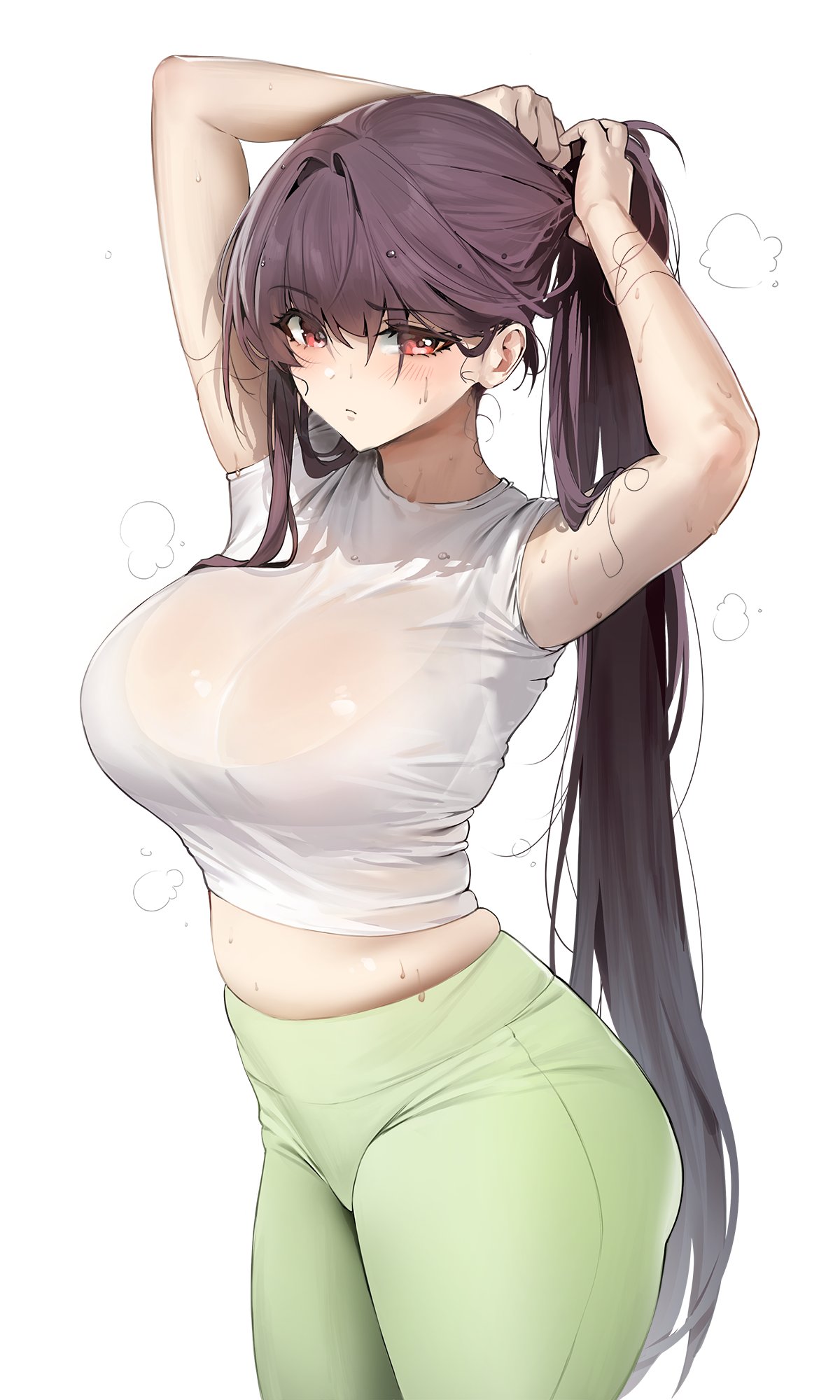 1girl alternate_costume arms_up blush breasts closed_mouth crop_top damda fate/grand_order fate_(series) green_pants highres large_breasts long_hair looking_at_viewer pants purple_hair raised_eyebrow red_eyes scathach_(fate) shirt short_sleeves simple_background sweat thighs tying_hair white_background white_shirt