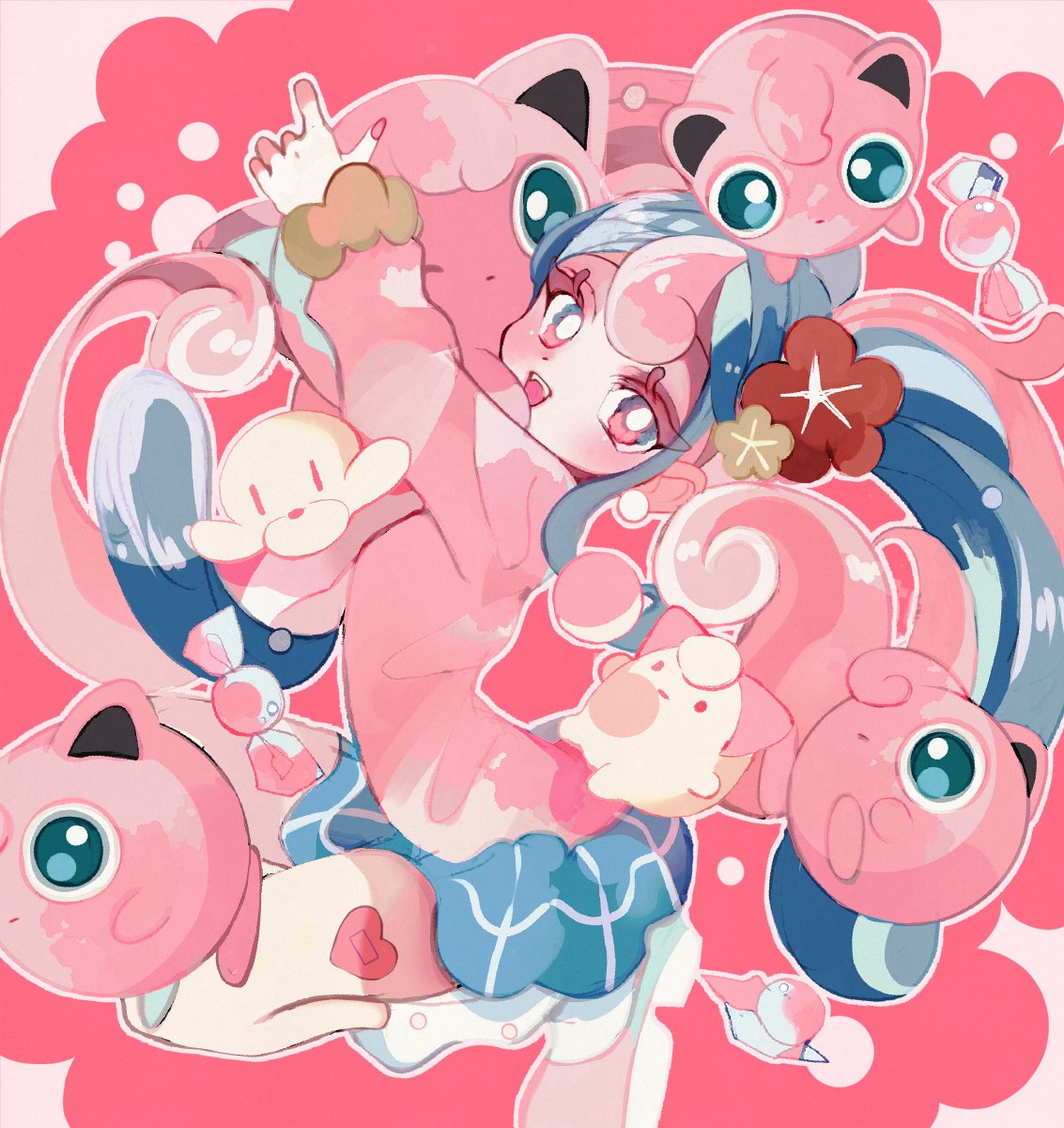 blue_skirt cardigan clefairy_sprite_(pokemon) earrings fairy_miku_(project_voltage) fish_sprite_(pokemon) flower hair_flower hair_ornament hatsune_miku highres jewelry jigglypuff leg_warmers lil long_hair looking_at_viewer multicolored_hair nail_polish open_mouth pink_cardigan pink_nails pokemon pokemon_(creature) project_voltage rare_candy scrunchie skirt twintails two-tone_hair vocaloid wrist_scrunchie