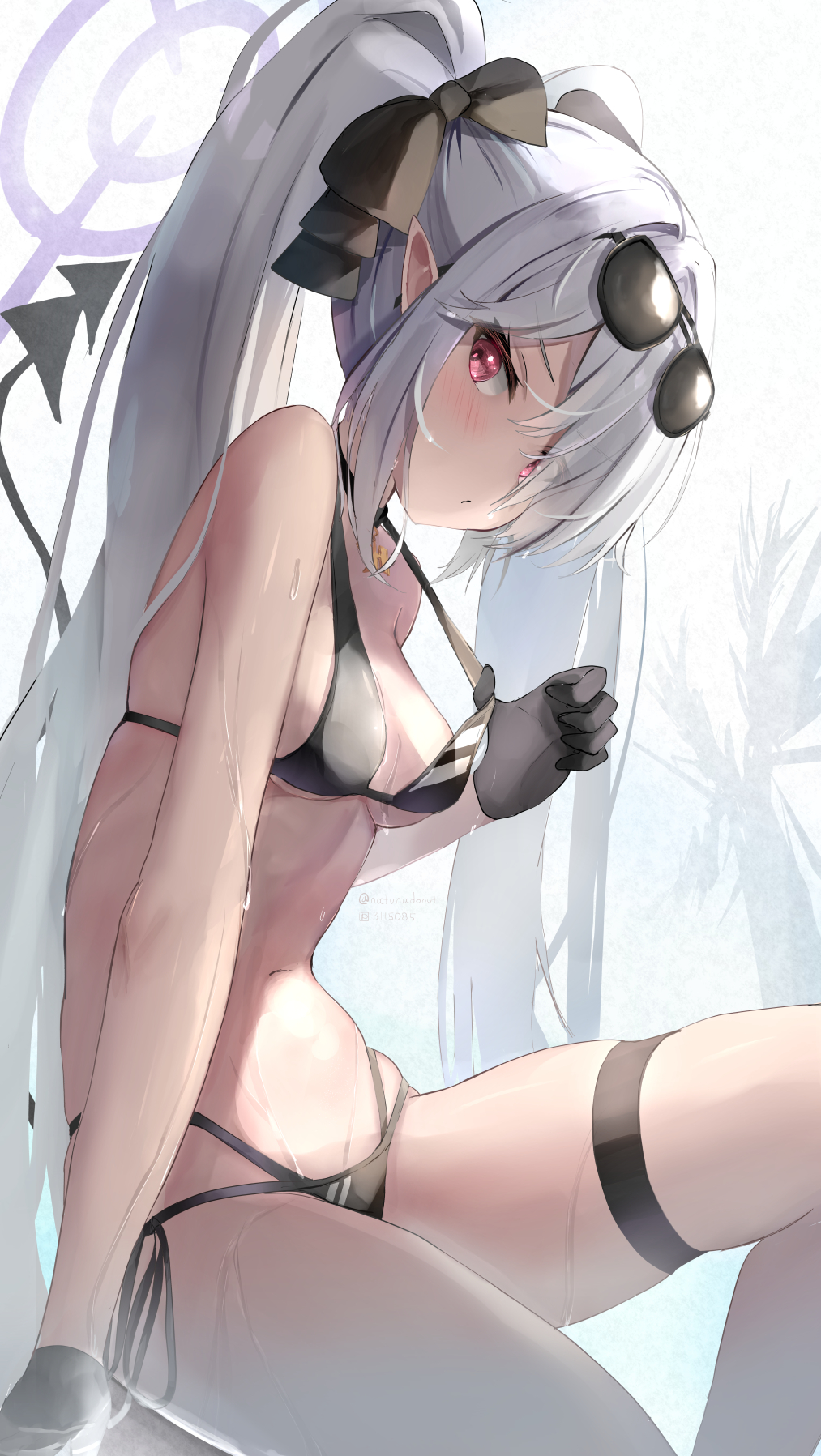 1girl bare_shoulders bikini black_bikini black_bow black_gloves blue_archive bow breasts commentary_request demon_tail eyes_visible_through_hair eyewear_on_head feet_out_of_frame gloves grey_hair hair_bow hair_over_one_eye halo halterneck highres iori_(blue_archive) iori_(swimsuit)_(blue_archive) long_hair looking_at_viewer medium_breasts natuna_natu red_eyes side-tie_bikini_bottom simple_background sitting solo string_bikini sunglasses swimsuit tail thigh_strap twintails very_long_hair white_background