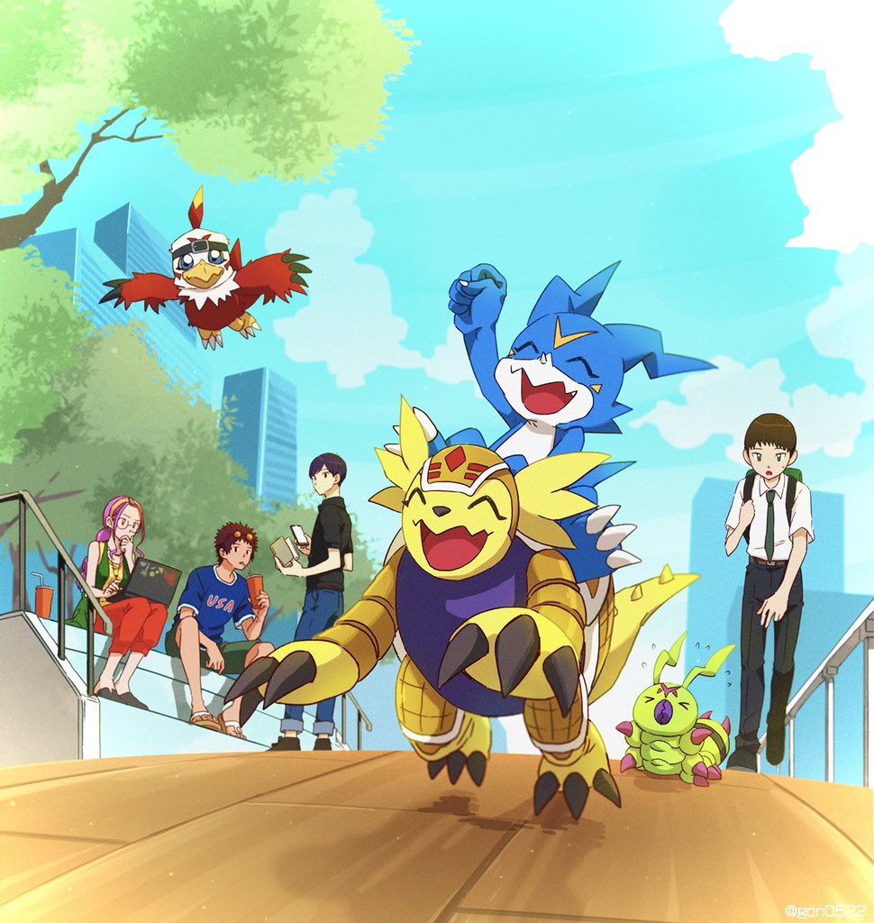 anthro armadillomon bandai_namco brown_hair city cody_hida davis_motomiya digimon digimon_(species) female feral flying gdn0522 group hair hawkmon human ken_ichijouji male mammal necktie outside purple_hair running smile veemon wormmon yolei_inoue