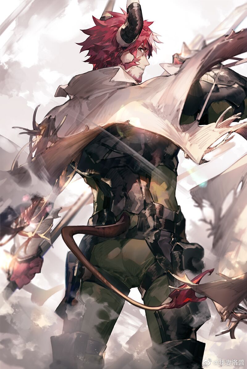 1boy animal_ears arknights ass bara beard bodysuit cow_boy cow_ears cow_horns cow_tail facial_hair from_behind green_bodysuit holding horns humus_(arknights) looking_at_viewer looking_back male_focus mature_male multicolored_hair red_hair scorpion5050 short_hair smile solo streaked_hair tail thick_eyebrows toned toned_male wind