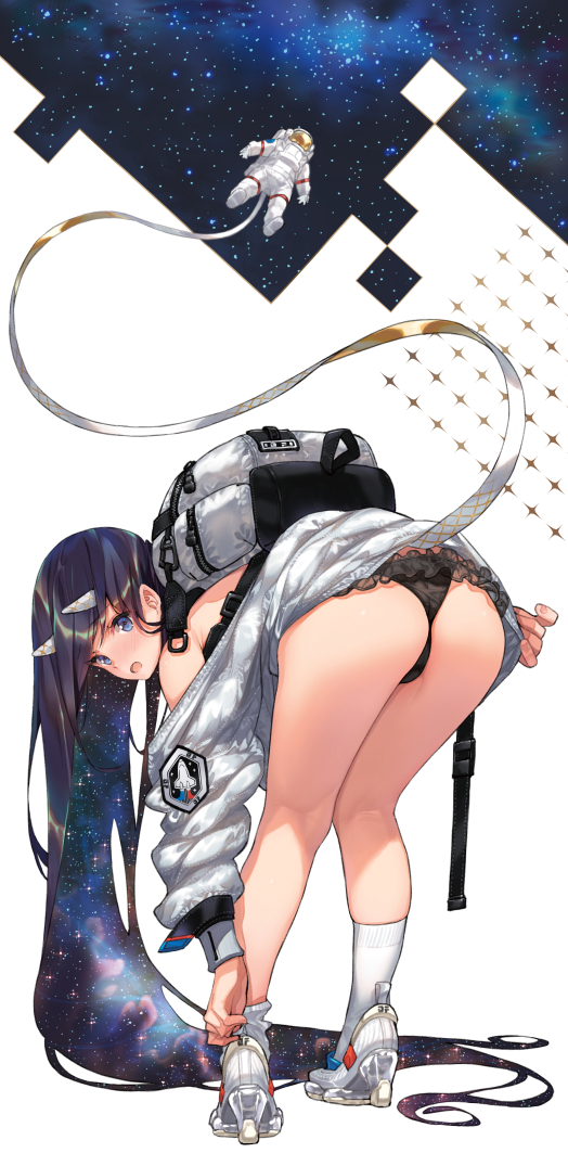 1girl adjusting_clothes adjusting_legwear ass astronaut backpack bag bent_over black_hair black_panties blue_eyes blush cable commentary_request floating from_behind helmet high_heels horns jacket long_hair long_sleeves looking_at_viewer looking_back no_pants open_mouth original oversized_clothes panties photoshop_(medium) revision saitou_masatsugu socks space space_helmet spacesuit standing underwear very_long_hair white_socks