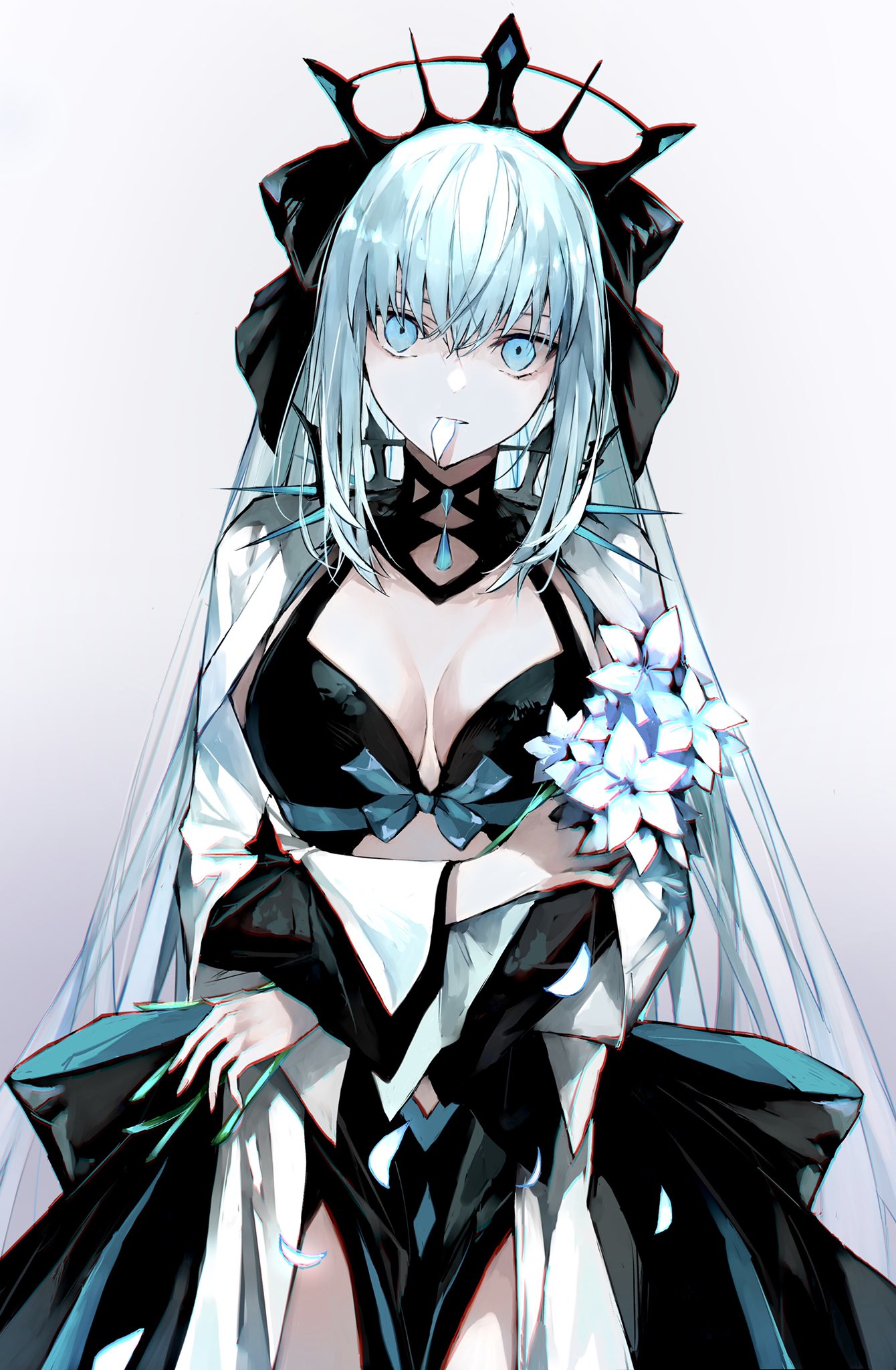 1girl black_bow black_dress blue_eyes bow braid breasts center_opening cleavage dress fate/grand_order fate_(series) flower french_braid grey_hair hair_bow highres kino_kokko large_breasts long_hair long_sleeves looking_at_viewer morgan_le_fay_(fate) mouth_hold pelvic_curtain petals ponytail sidelocks solo spikes thighs tiara two-tone_dress very_long_hair white_dress wide_sleeves