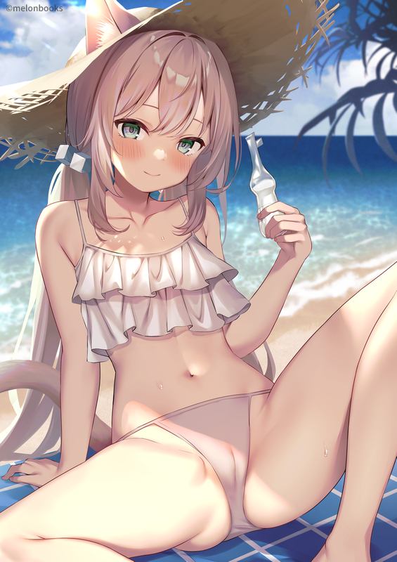 1girl animal_ear_fluff animal_ears arm_support bare_shoulders beach beach_mat bikini blue_sky blush brown_hair cameltoe cat_ears cat_girl cat_tail closed_mouth cloud commentary_request cube_hair_ornament day frilled_bikini_top green_eyes hair_ornament hat holding horizon knee_up looking_at_viewer low_ponytail mintoaisu navel ocean original outdoors pink_bikini shore sitting sky smile solo spread_legs stomach straw_hat sunlight swimsuit tail water