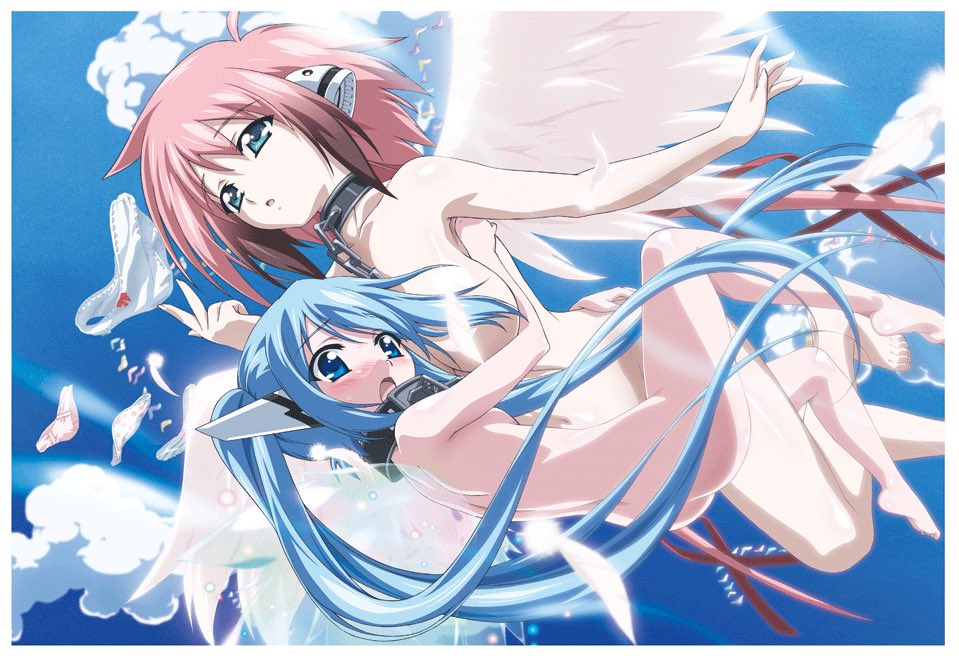 2girls angel_wings ass back blue_eyes blue_hair blue_sky blush breasts chain collar completely_nude feathered_wings feet flying green_eyes hair_ribbon hug ikaros large_breasts long_hair looking_ahead looking_down multiple_girls nude nymph_(sora_no_otoshimono) open_mouth panties panties_removed pink_hair red_ribbon ribbon robot_ears sky small_breasts sora_no_otoshimono thighs transparent_wings twintails underwear very_long_hair watanabe_yoshihiro white_wings wings