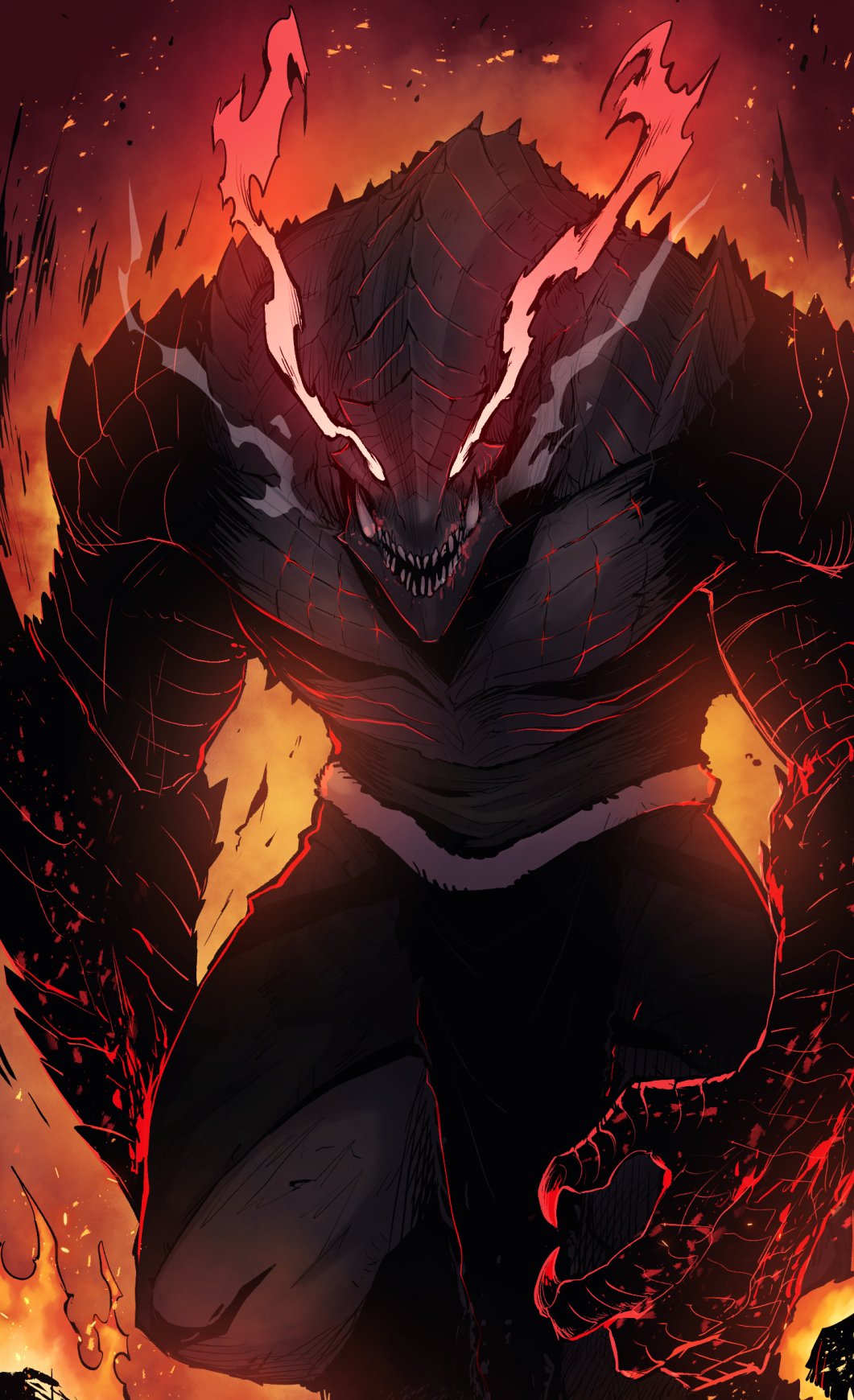 blood blood_on_face burning claws feet_out_of_frame fire flaming_eye fur_trim gegegekman glowing_lines highres hunchback lizardman looking_at_viewer monster_boy original pectorals pelvic_curtain pyrokinesis scales sharp_teeth smoke smoke_from_mouth spikes teeth topless_male tusks waist_sash