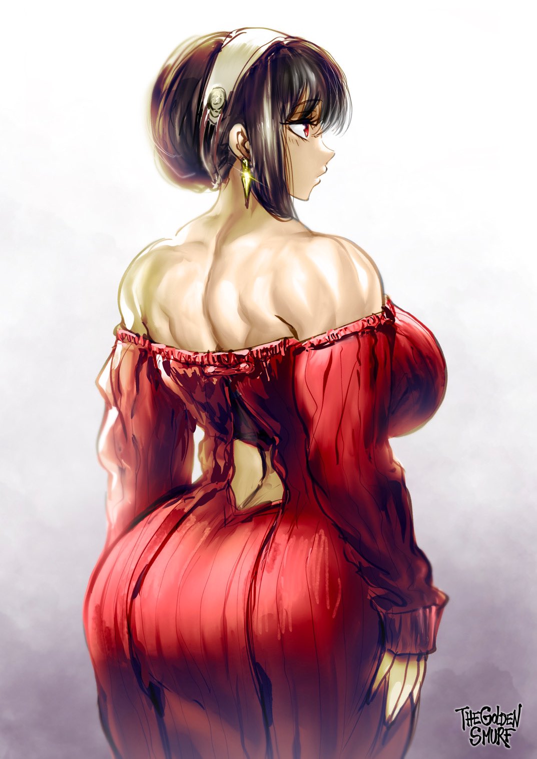 1girl alternate_muscle_size ass backless_dress backless_outfit bare_shoulders black_hair breasts dress earrings from_side hairband highres jewelry large_breasts looking_to_the_side median_furrow muscular muscular_female red_eyes solo spy_x_family the_golden_smurf white_background yor_briar