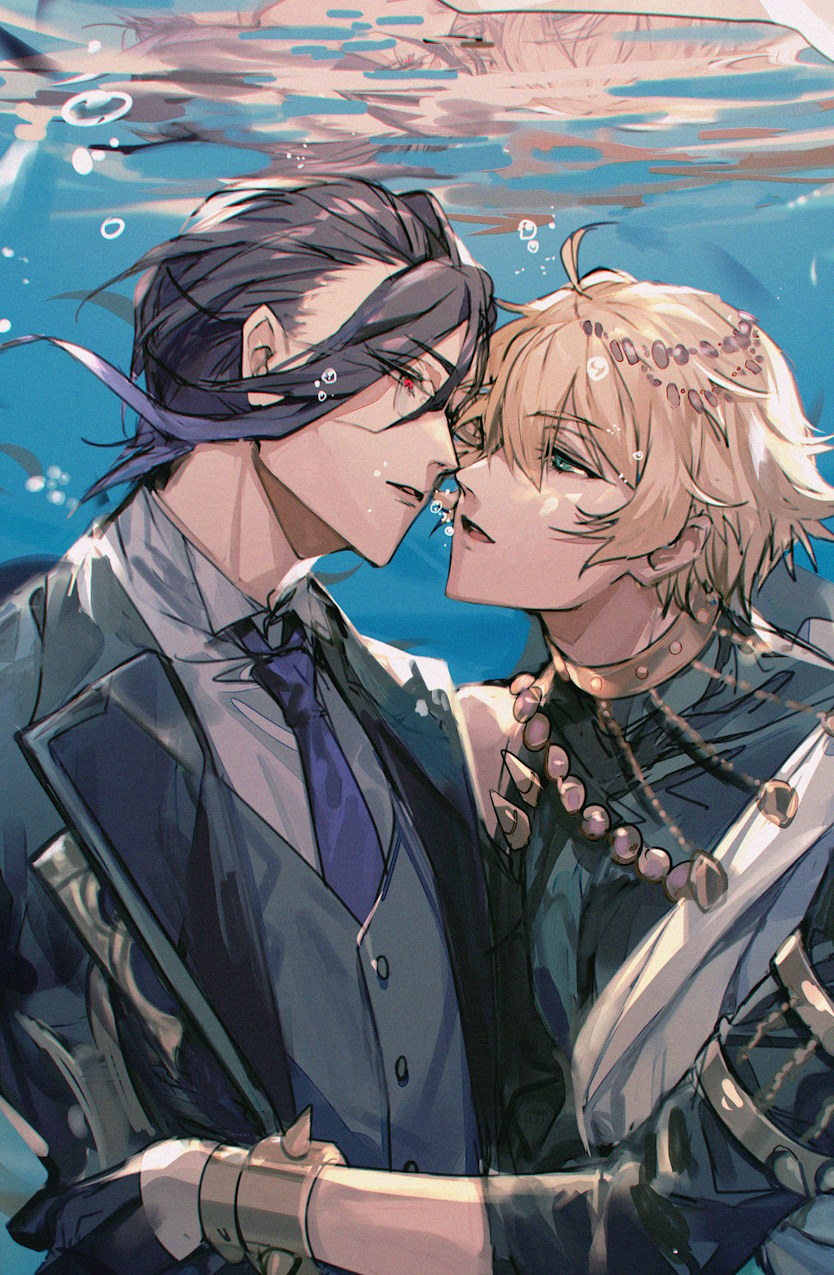 ahoge aladdin_(sinoalice) beads black_gloves blonde_hair blue_eyes bracelet bubble butler buttons choker collared_shirt commission coxxco12 formal glasses gloves hair_beads hair_ornament hair_slicked_back hameln_(sinoalice) highres hug imminent_kiss jewelry male_focus multicolored_hair necktie open_mouth red_eyes second-party_source shirt short_hair sinoalice skeb_commission two-tone_hair underwater yaoi