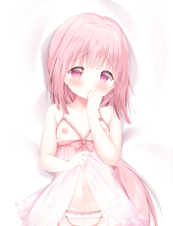 1girl babydoll bare_arms bare_shoulders bed_sheet blush breasts closed_mouth cupless_babydoll dakimakura_(medium) frilled_panties frills hand_up long_hair looking_at_viewer lying magia_record:_mahou_shoujo_madoka_magica_gaiden mahou_shoujo_madoka_magica navel on_back panties pink_hair purple_eyes renew_vivi see-through small_breasts solo tamaki_iroha underwear very_long_hair white_panties