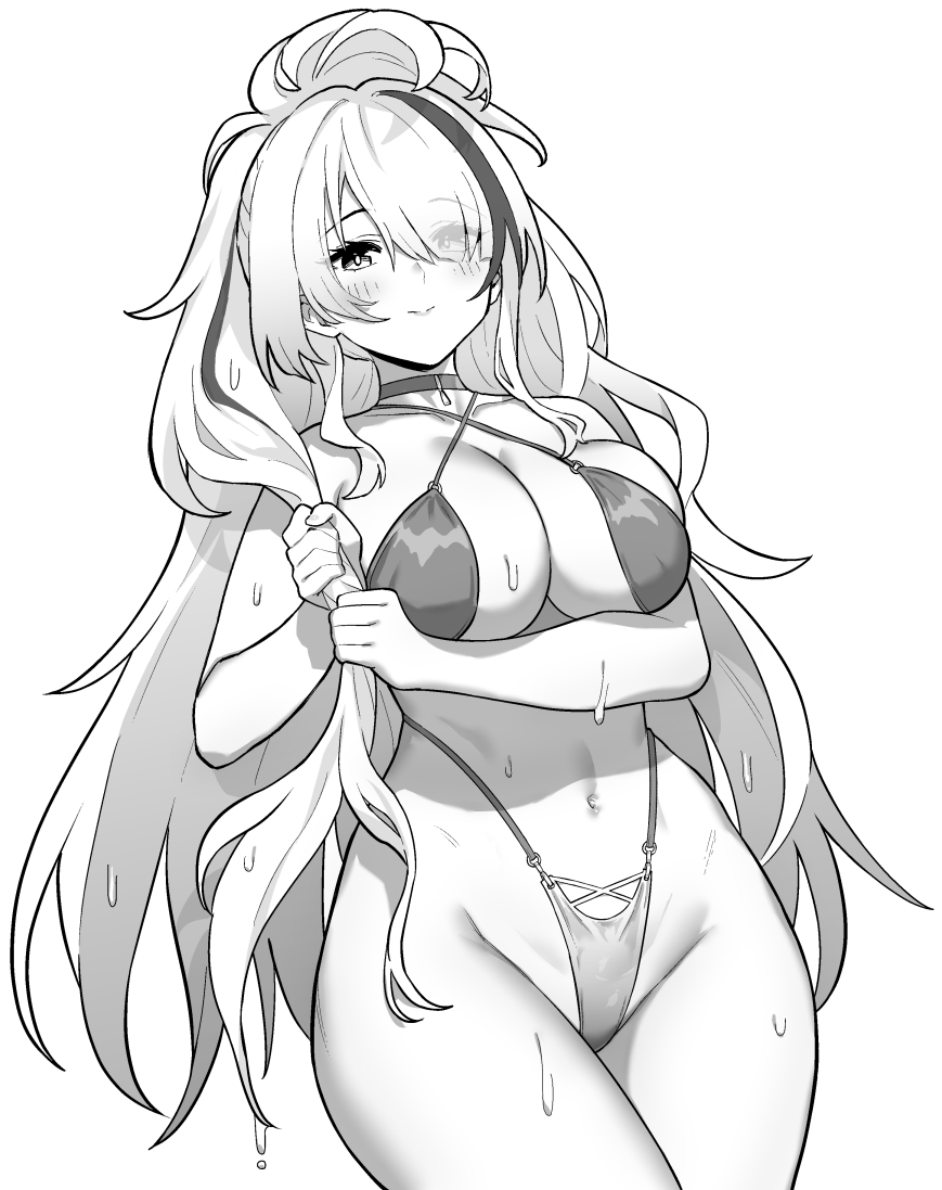 1girl azur_lane azur_lane:_slow_ahead bikini blush breasts choker closed_mouth collarbone cowboy_shot eyes_visible_through_hair greyscale groin hair_over_one_eye high_ponytail highleg highleg_bikini hori_(hori_no_su) large_breasts long_hair looking_at_viewer monochrome multicolored_hair navel official_alternate_costume official_art simple_background smile solo stomach streaked_hair swimsuit unzen_(azur_lane) unzen_(sojourn_through_clear_seas)_(azur_lane) very_long_hair wet white_background