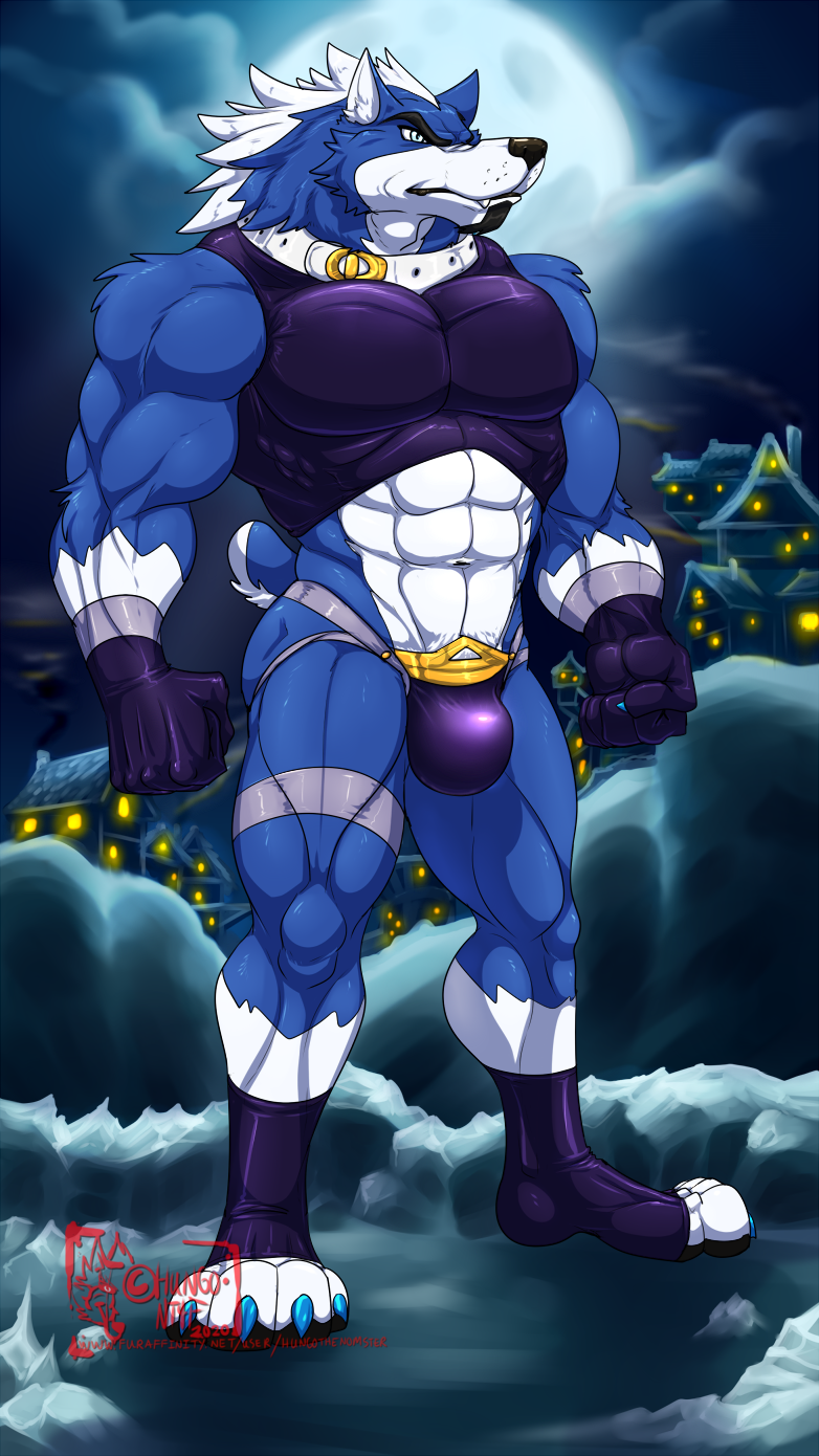 2020 abs anthro artist_name athletic athletic_anthro athletic_male biceps big_bulge blue_body blue_eyes blue_fur bulge canid canine canis claws clothing detailed_background digital_drawing_(artwork) digital_media_(artwork) feet fingers fluffy fluffy_tail fur gloves hair halter_top handwear hi_res hungothenomster jockstrap male mammal midriff multicolored_body multicolored_fur muscular muscular_anthro muscular_male muscular_thighs navel outside pecs short_tail snout solo tail toe_claws toes two_tone_body two_tone_fur underwear watermark white_body white_fur white_hair wolf