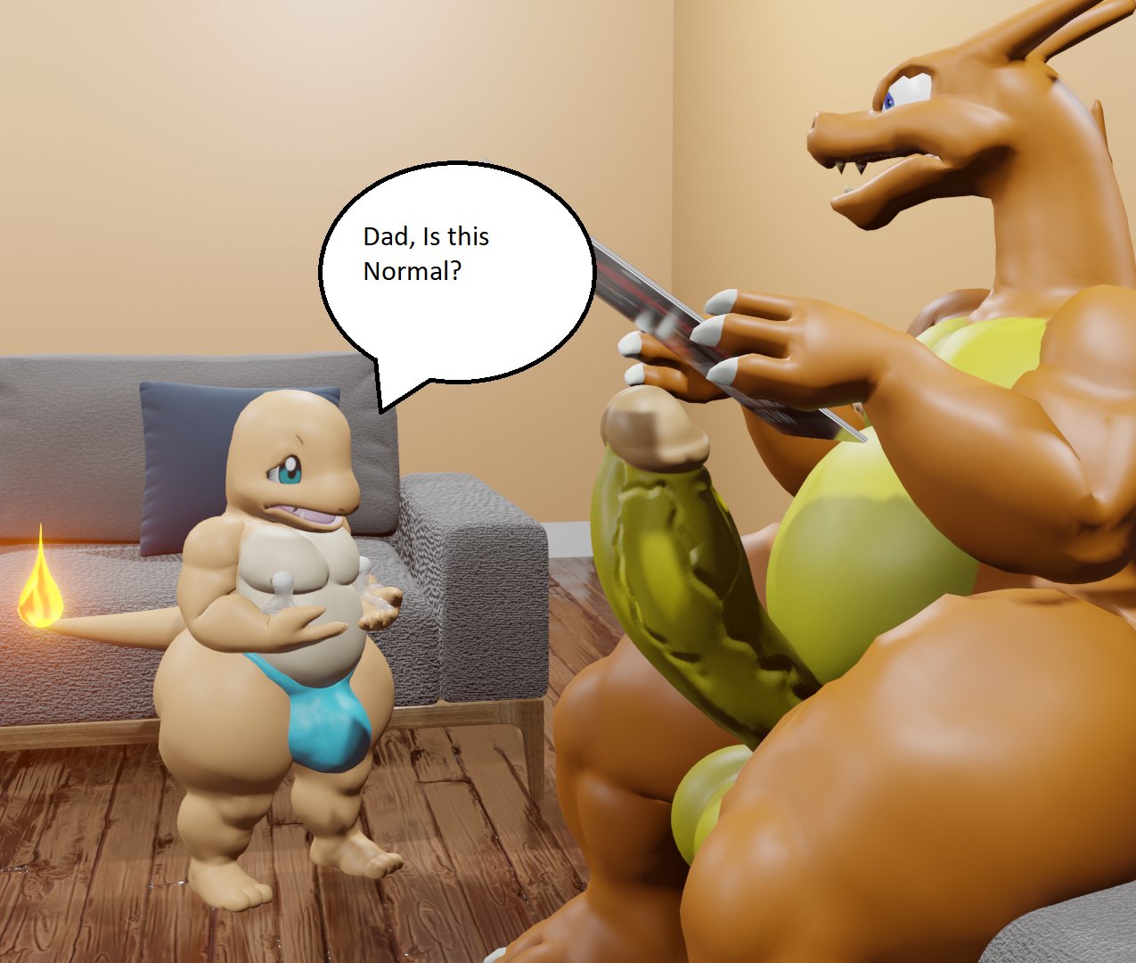 2023 3d_(artwork) anthro balls bodily_fluids charizard charmander clothing cum digital_media_(artwork) duo english_text erection father_(lore) father_and_child_(lore) father_and_son_(lore) furniture generation_1_pokemon genital_fluids genitals goeybowser lactating looking_down male male/male milk nintendo nipples nude parent_(lore) parent_and_child_(lore) parent_and_son_(lore) penis pokemon pokemon_(species) reading_magazine scalie shocked shocked_face son_(lore) text underwear