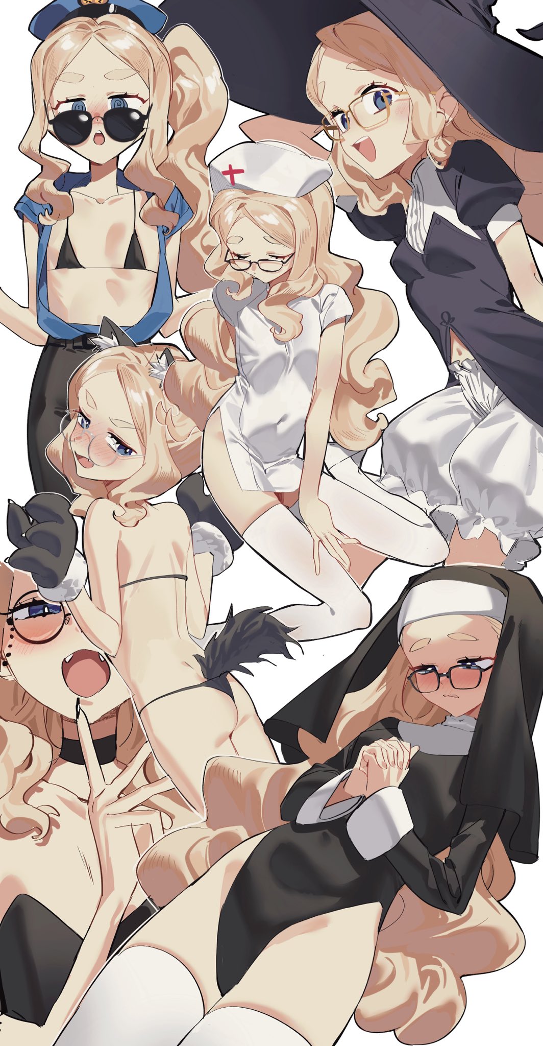 1girl 2l_(2lsize) animal_ears animal_hands ass bikini black_bikini black_choker black_headwear black_leotard black_nails blonde_hair bloomers blue_eyes breasts choker closed_eyes commentary dress fake_animal_ears fake_tail fangs glasses gloves habit halloween_costume hat highres interlocked_fingers leotard long_hair multiple_views nun nurse_cap open_mouth original own_hands_together paw_gloves police_hat short_sleeves side_ponytail simple_background small_breasts sunglasses swimsuit symbol-only_commentary tail thighhighs very_long_hair white_background white_bloomers white_dress white_thighhighs witch_hat