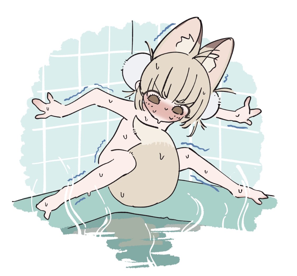 ahoge animal_humanoid bath bathing blush bodily_fluids bouen brown_eyes canid canid_humanoid canine canine_humanoid clinging convenient_censorship female fox_humanoid hair hot_water humanoid light_body light_skin mammal mammal_humanoid nuka_(bouen) scared shaking solo straddling sweat tail tail_between_legs tail_censorship tan_ears tan_hair tan_tail tile trembling water young