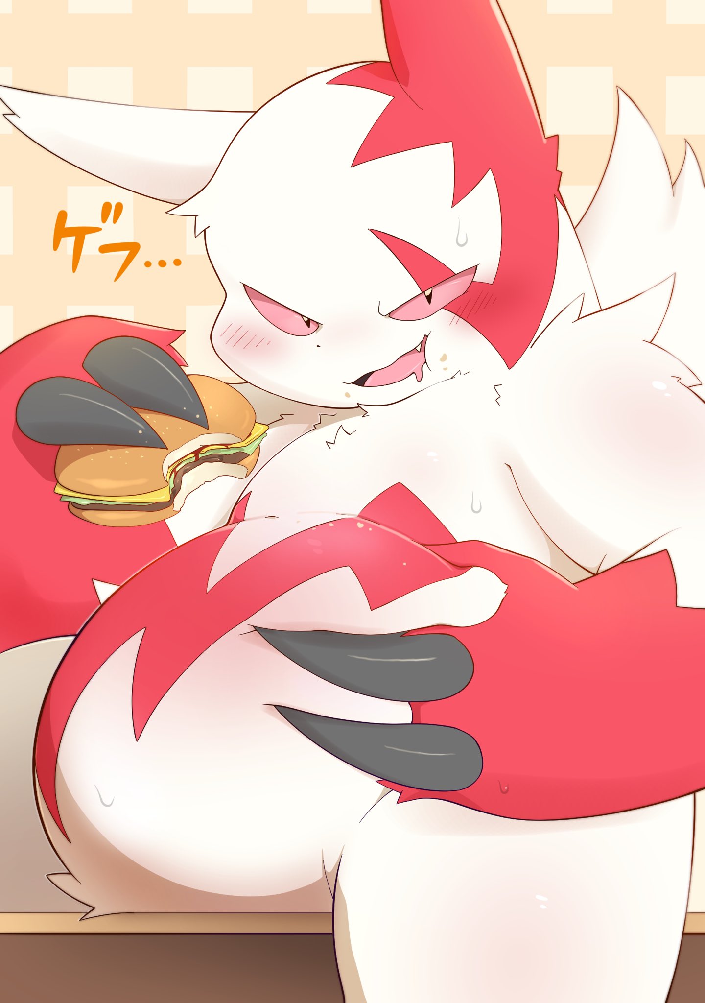 anthro belly blush burger claws eating food fur generation_3_pokemon hamburger_bun hi_res japanese_text matchstick_39 nintendo overweight pinching_belly pink_eyes pokemon pokemon_(species) smile solo text white_body white_fur zangoose