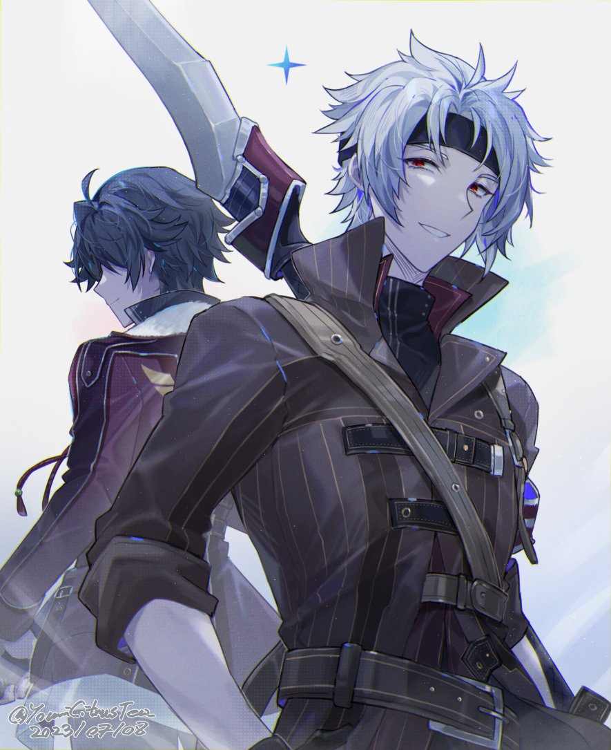 2boys ahoge back-to-back black_hair coat crow_armbrust eiyuu_densetsu fur_collar fur_trim gloves hair_between_eyes headband holding holding_sword holding_weapon looking_at_viewer multiple_boys pommel_tassel rean_schwarzer red_eyes sen_no_kiseki sen_no_kiseki_ii simple_background smile sword tassel weapon white_background white_hair youmicitrustea