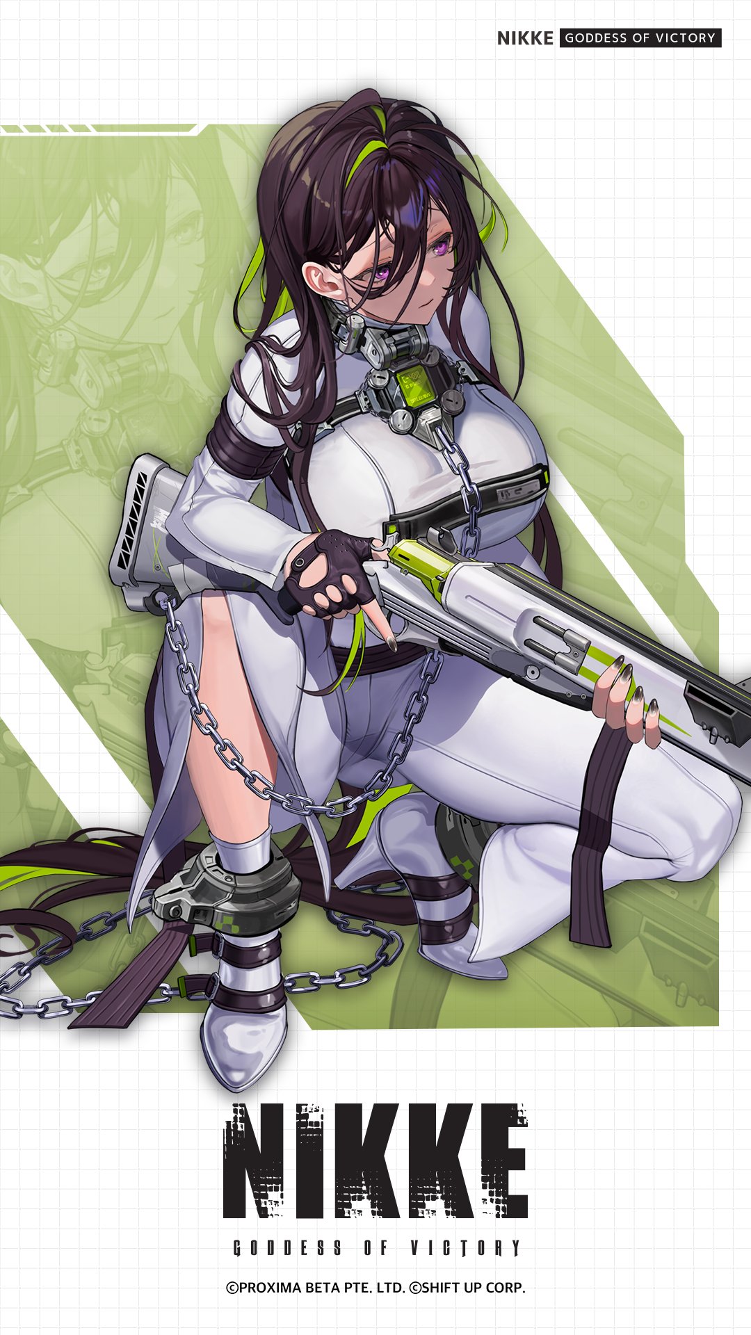 1girl ankle_cuffs artist_request bangs belt black_belt black_hair bodysuit bound bound_ankles bound_arms breasts chain character_name closed_eyes closed_mouth clothes_writing commentary_request copyright_name cuffs full_body goddess_of_victory:_nikke green_hair guilty_(nikke) gun hair_between_eyes highres hobble holding holding_weapon huge_breasts large_breasts long_hair multicolored_hair official_art pink_eyes restrained shackles shotgun solo squatting standing straitjacket streaked_hair thigh_gap two-tone_hair very_long_hair weapon white_bodysuit white_footwear zoom_layer