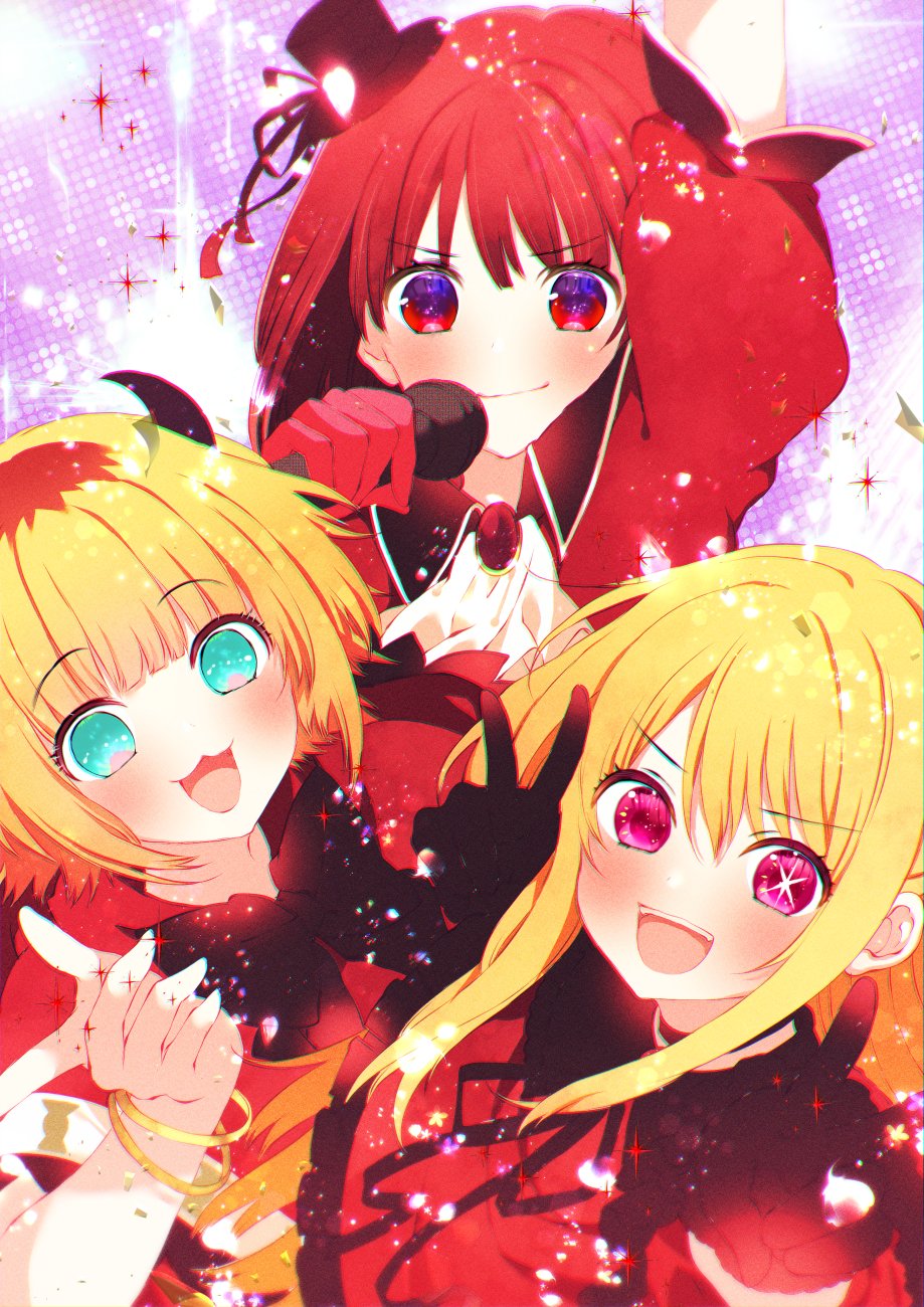 3girls arima_kana arm_up ascot bangle black_gloves blonde_hair bob_cut bracelet capelet collared_shirt demon_horns fake_horns frilled_capelet frilled_gloves frills gloves hat highres holding holding_microphone horns hoshino_ruby idol inverted_bob jewelry memcho microphone mini_hat mismatched_pupils moo_(umineko) multiple_girls no_pupils one_side_up open_mouth oshi_no_ko pink_eyes pink_gloves puffy_short_sleeves puffy_sleeves red_capelet red_eyes red_hair red_shirt shirt short_hair short_sleeves sidelocks star-shaped_pupils star_(symbol) symbol-shaped_pupils teeth upper_teeth_only white_ascot