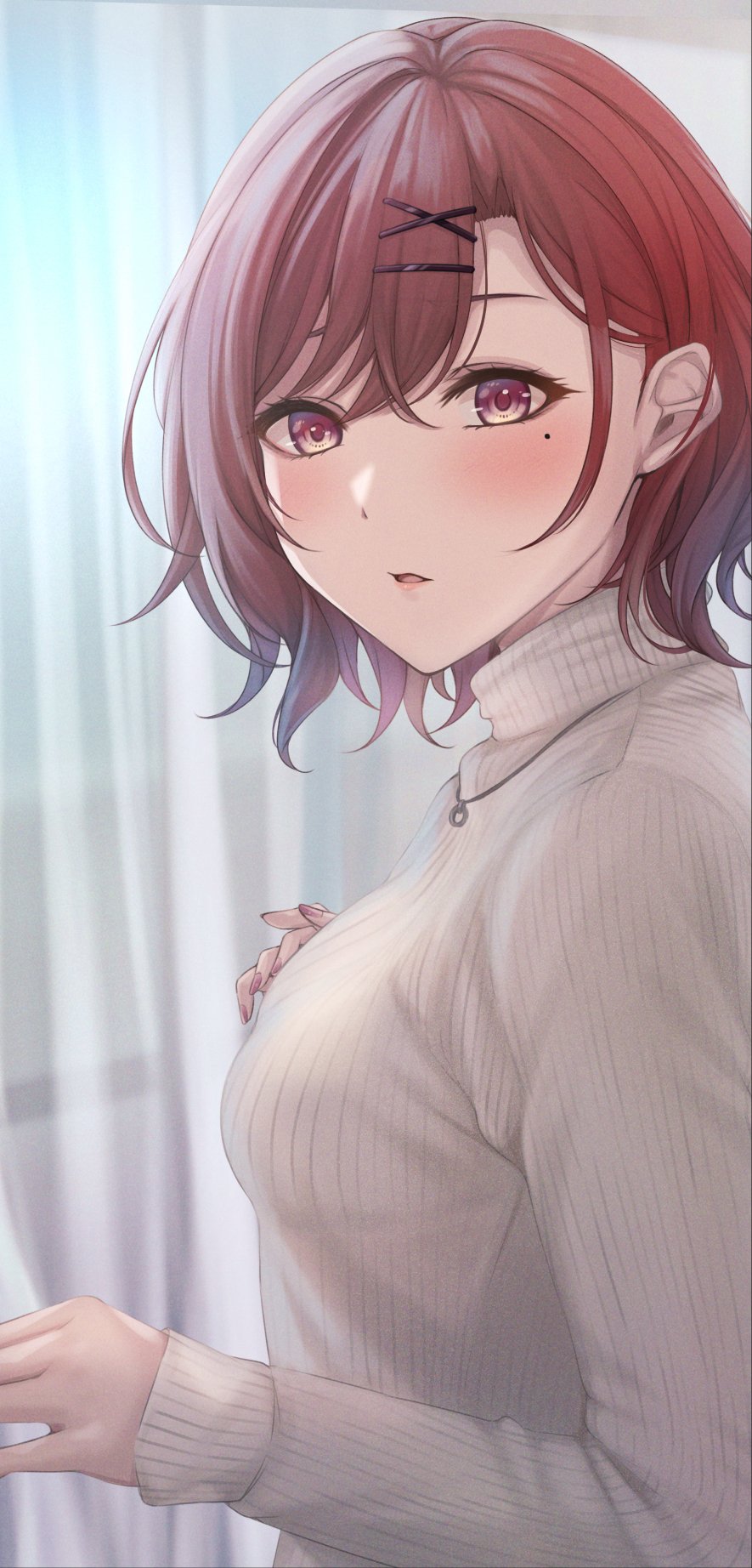 1girl blush breasts brown_hair curtains fingernails highres higuchi_madoka idolmaster idolmaster_shiny_colors indoors long_sleeves looking_at_viewer looking_to_the_side medium_breasts mole mole_under_eye nail_polish red_eyes ribbed_sweater solo sweater upper_body white_sweater yuzuyu_(hyui)