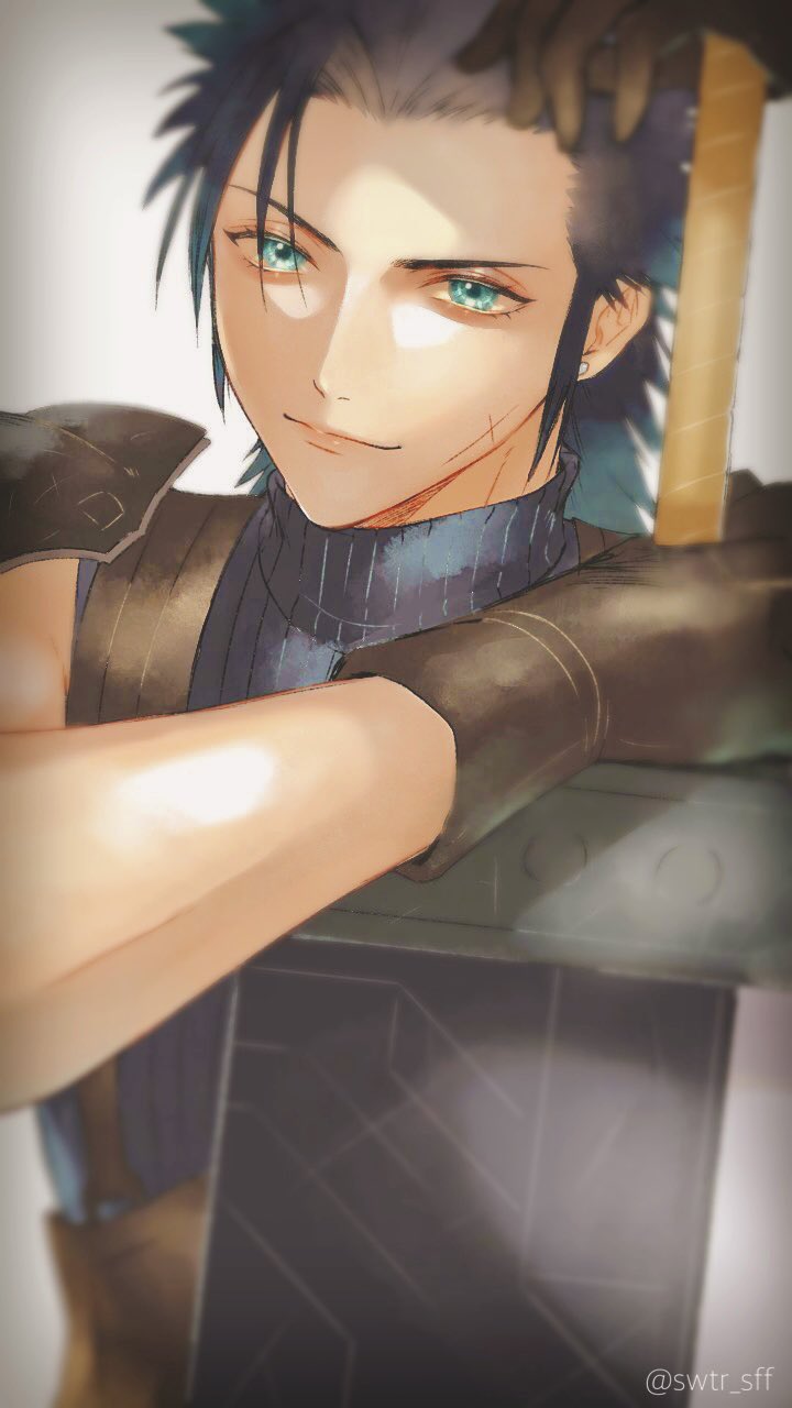 1boy 3wa_tari armor belt black_gloves black_hair blue_eyes blurry blurry_edges cross_scar earrings final_fantasy final_fantasy_vii gloves gradient_background highres holding holding_sword holding_weapon jewelry leaning_on_object leaning_on_weapon leather_belt light_smile male_focus medium_hair pauldrons scar scar_on_cheek scar_on_face shoulder_armor simple_background sleeveless sleeveless_turtleneck smile solo spiked_hair stud_earrings suspenders sword turtleneck weapon zack_fair