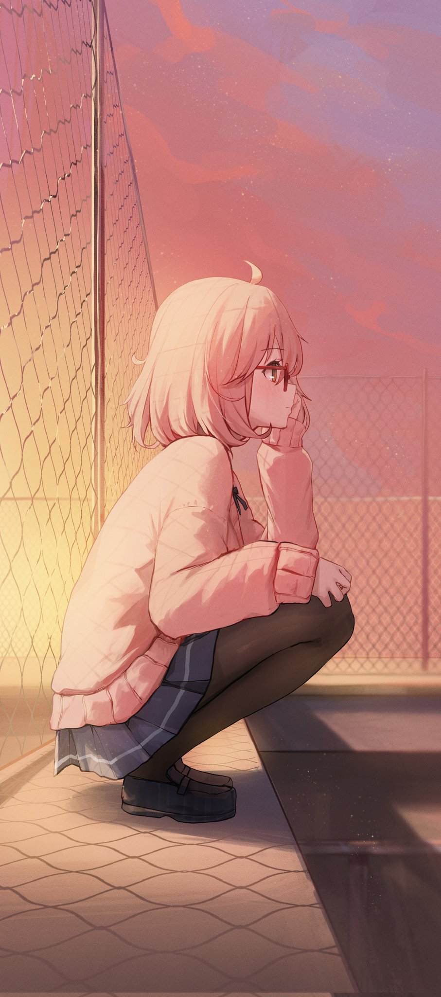 1girl ahoge black_pantyhose blue_skirt cardigan chain-link_fence closed_mouth commentary fence full_body glasses gnns hand_on_own_face highres kuriyama_mirai kyoukai_no_kanata loafers long_sleeves medium_hair orange_sky outdoors pantyhose pink_cardigan profile red-framed_eyewear shoes skirt sky solo squatting
