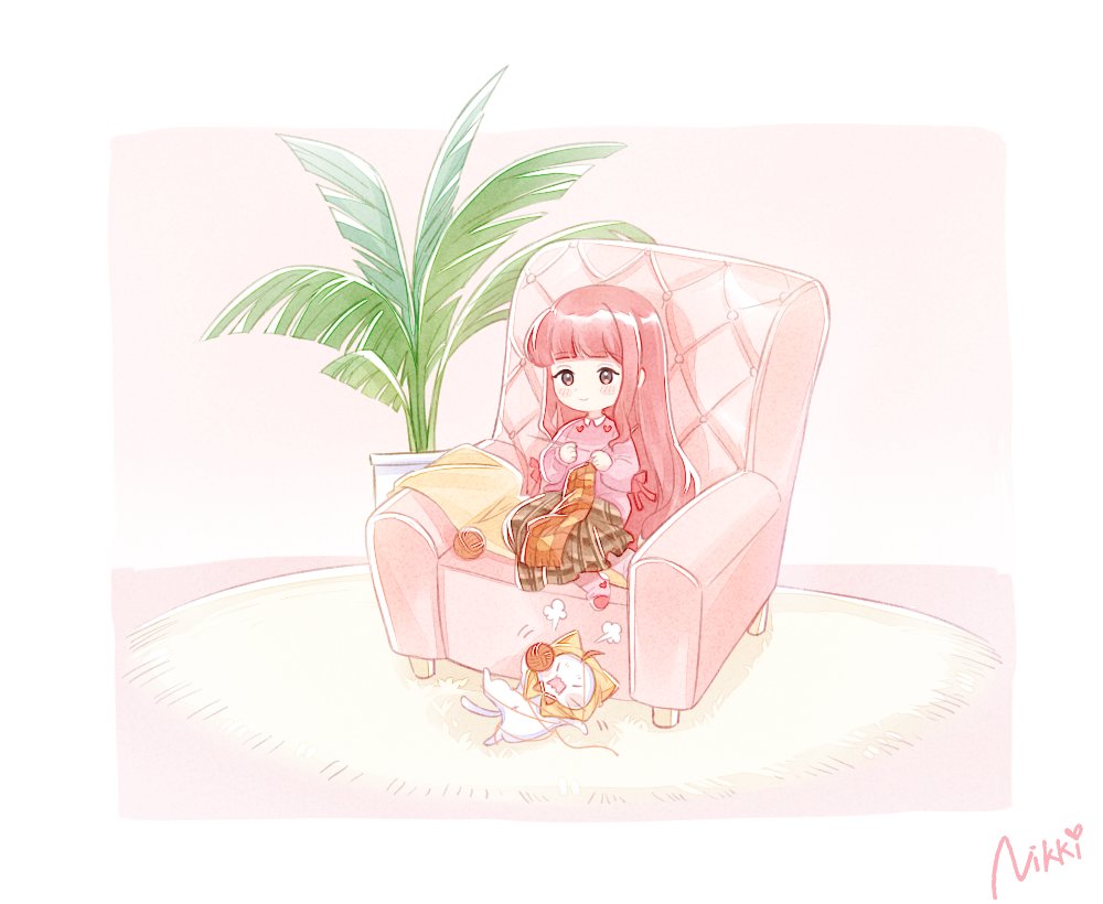 1girl blush brown_eyes brown_skirt carpet cat couch english_commentary indoors knitting long_hair miracle_nikki momo_(miracle_nikki) nikki_(miracle_nikki) official_art on_couch orange_scarf pink_footwear pink_hair pink_sweater plant potted_plant scarf shining_nikki signature skirt socks sweater wall white_cat yellow_cloak