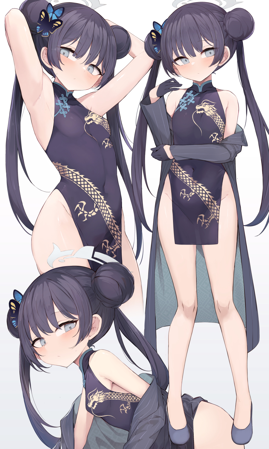 1girl armpits arms_behind_head ass bare_shoulders black_dress black_hair blazer blue_archive blue_eyes blush breasts china_dress chinese_clothes covered_navel double_bun dragon_print dress hair_between_eyes hair_bun hair_ornament highres jacket kisaki_(blue_archive) long_hair looking_at_viewer mou_tama_maru multiple_views off_shoulder simple_background sleeveless sleeveless_dress small_breasts twintails white_background