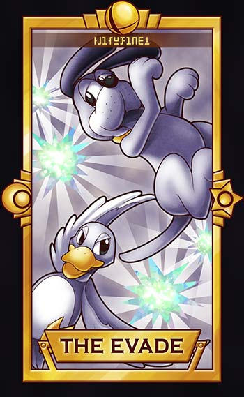 animal_focus bird black_border border cloud cloudy_sky commentary crescent dodging dog dog_(duck_hunt) duck duck_(duck_hunt) duck_hunt english_commentary english_text limited_palette midair no_humans nostrils quas-quas sky smash_ball smile spread_wings star_(symbol) super_smash_bros. tarot tarot_(medium) tongue tongue_out v-shaped_eyes