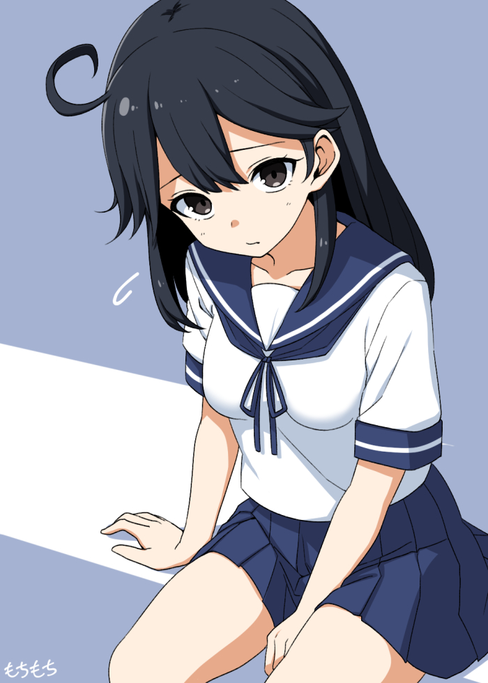 1girl ahoge black_hair blue_sailor_collar blue_skirt cowboy_shot flying_sweatdrops kantai_collection long_hair looking_at_viewer moti_coi one-hour_drawing_challenge pleated_skirt sailor_collar sailor_shirt school_uniform serafuku shirt skirt solo ushio_(kancolle) white_shirt