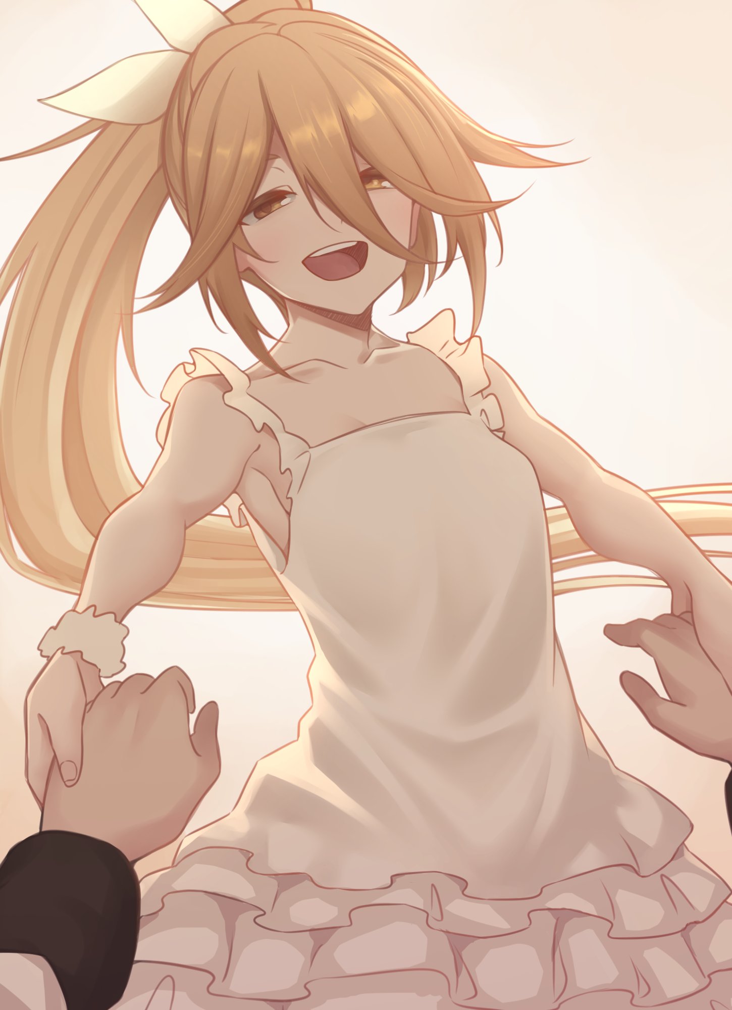 1girl 1other act_(xadachit) arm_scrunchie blonde_hair breasts collarbone dress english_commentary frilled_dress frills girls'_frontline girls'_frontline_neural_cloud highres holding_hands long_hair looking_at_viewer open_mouth ponytail pov pov_hands professor_(neural_cloud) sleeveless sleeveless_dress small_breasts sol_(neural_cloud) sundress teeth upper_body upper_teeth_only white_dress yellow_eyes