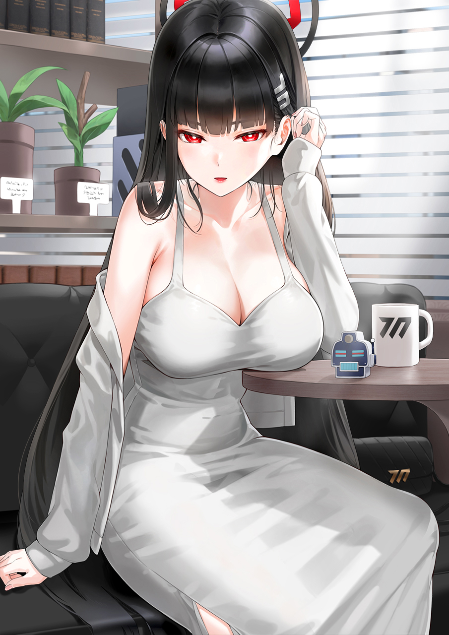 1girl alternate_costume bare_shoulders black_hair black_halo blue_archive blunt_bangs blush bow breasts cleavage commentary couch cup dress grey_dress hair_ornament hairclip halo highres kfr long_hair looking_at_viewer medium_breasts on_couch parted_lips plant potted_plant red_bow red_eyes rio_(blue_archive) sitting sleeves_past_wrists solo very_long_hair