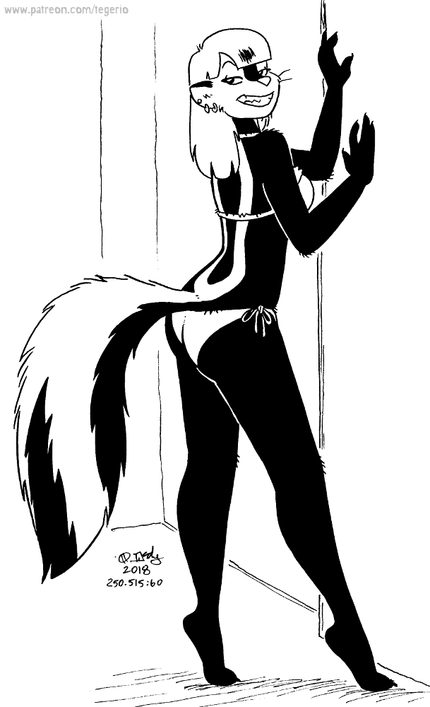 2018 anthro bikini black_and_white breasts butt clothed clothing ear_piercing ear_ring female fur grin hair kelly_o'dor looking_back mammal mephitid monochrome piercing pinup pose ring_piercing skunk smile solo striped_skunk swimwear tail tegerio zandar's_saga