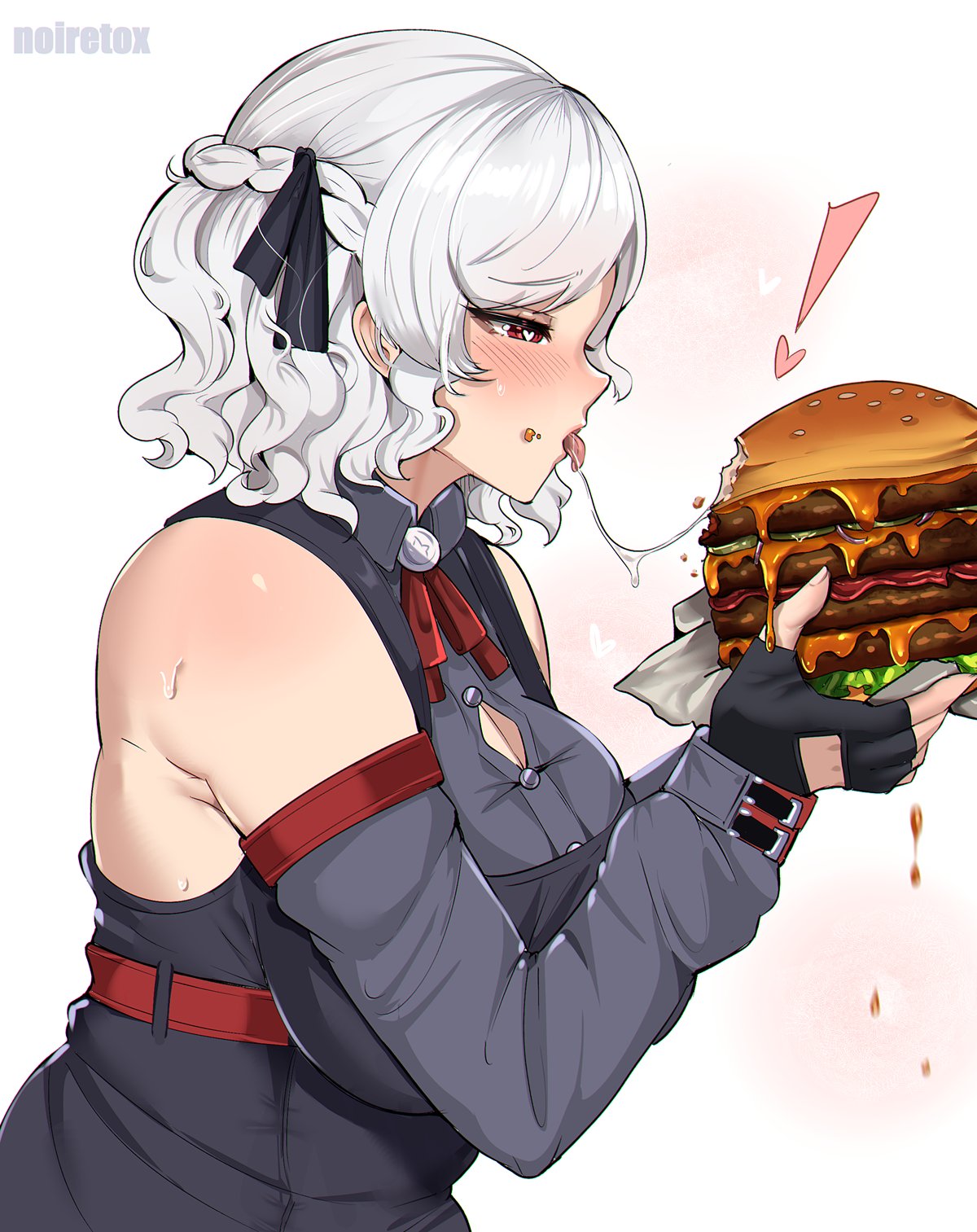 ! 1girl artist_name black_gloves black_ribbon black_shirt blush braid breasts burger button_gap cleavage commentary_request crown_braid detached_sleeves dripping fingerless_gloves fingernails food food_bite food_on_face girls'_frontline gloves grey_sleeves hair_ribbon half-closed_eyes heart heart-shaped_pupils highres holding holding_food large_breasts medium_hair neck_ribbon noiretox open_mouth profile red_eyes red_ribbon ribbon saliva saliva_trail shirt simple_background sleeveless sleeveless_shirt solo spas-12_(girls'_frontline) sweat symbol-shaped_pupils tongue tongue_out twintails upper_body white_background white_hair