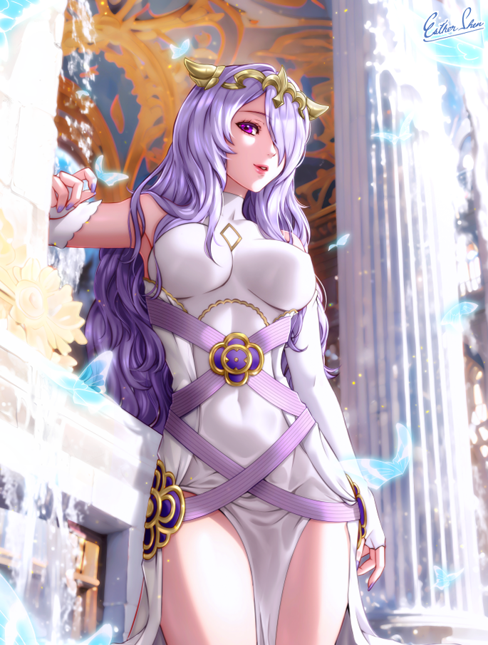 1girl artist_name bare_shoulders breasts bug butterfly camilla_(adrift)_(fire_emblem) camilla_(fire_emblem) commentary covered_navel detached_sleeves dress english_commentary esther_shen fake_horns fire_emblem fire_emblem_fates fire_emblem_heroes gold_horns hair_ornament hair_over_one_eye horns lips long_hair looking_at_viewer medium_breasts official_alternate_costume one_eye_covered parted_lips pelvic_curtain pink_lips purple_eyes purple_hair purple_nails solo water wavy_hair white_dress