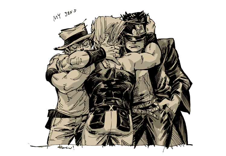 armband eyes_closed gakuran greyscale hat jacket jean_pierre_polnareff jojo_no_kimyou_na_bouken joseph_joestar kujo_jotaro monochrome pants school_uniform short_hair simple_background