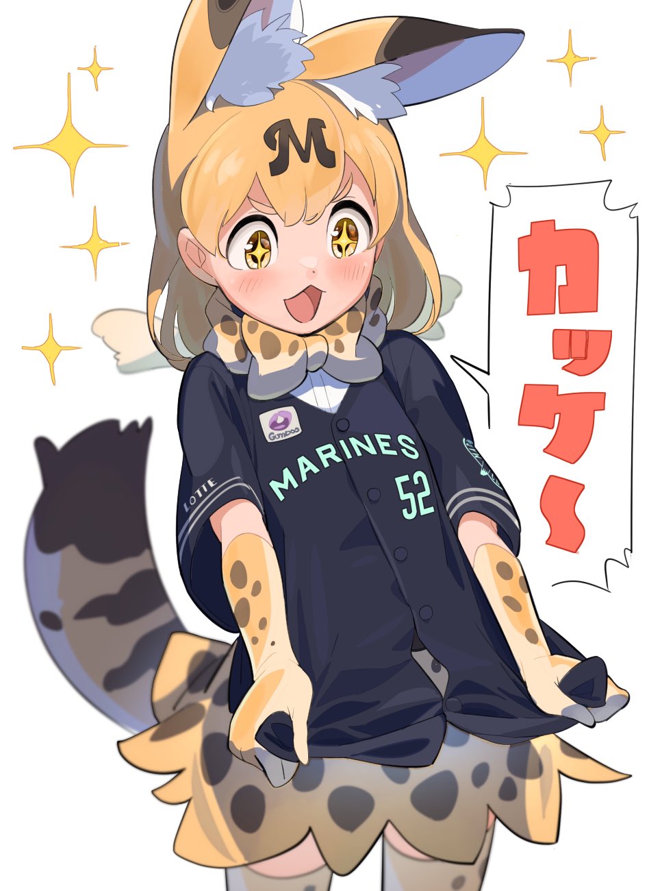 1girl animal_ear_fluff animal_ears baseball_jersey black_shirt blurry blush bow bowtie buttons chestnut_mouth commentary cowboy_shot depth_of_field dot_nose elbow_gloves extra_ears gloves highres kemono_friends letter_hair_ornament logo looking_at_object looking_down medium_hair nishiki_kazue open_mouth orange_hair print_bow print_bowtie print_gloves print_skirt print_thighhighs serval_(kemono_friends) serval_print shirt shirt_tug short_sleeves skirt solo sparkle sparkling_eyes striped_tail tail two-tone_bowtie v-shaped_eyebrows white_background yellow_eyes