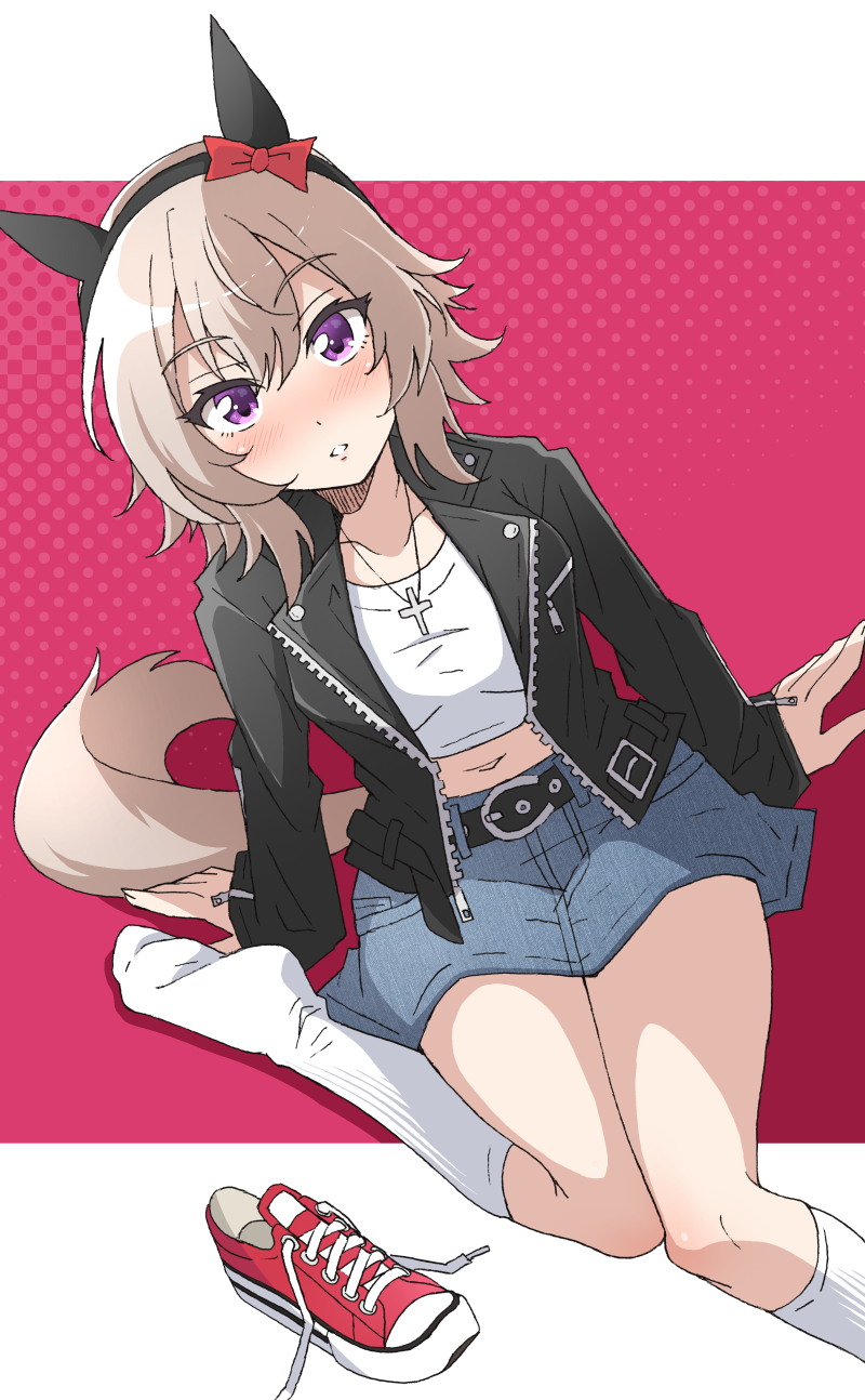 1girl alternate_costume animal_ears black_jacket blush bow commentary_request cropped_shirt cross cross_necklace curren_chan_(umamusume) denim denim_skirt ear_bow ear_covers foot_out_of_frame grey_hair hair_between_eyes highres horse_ears horse_girl horse_tail jacket jewelry knees_together_feet_apart long_sleeves necklace nel-c no_shoes open_clothes open_jacket parted_lips red_bow red_footwear ribbed_socks shoes short_hair skirt sneakers socks solo tail umamusume unworn_footwear white_socks