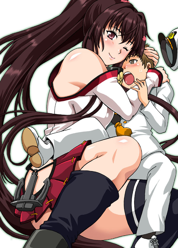 1boy 1girl admiral_(kancolle) anchor_ornament breasts brown_eyes commentary_request flower hair_flower hair_ornament hat hat_removed headwear_removed hip_vent hug kantai_collection little_boy_admiral_(kancolle) long_hair manabe_jouji military_uniform naval_uniform one_eye_closed pants peaked_cap pleated_skirt red_eyes red_skirt simple_background single_thighhigh skirt thighhighs uniform upper_body white_background white_pants yamato_(kancolle)