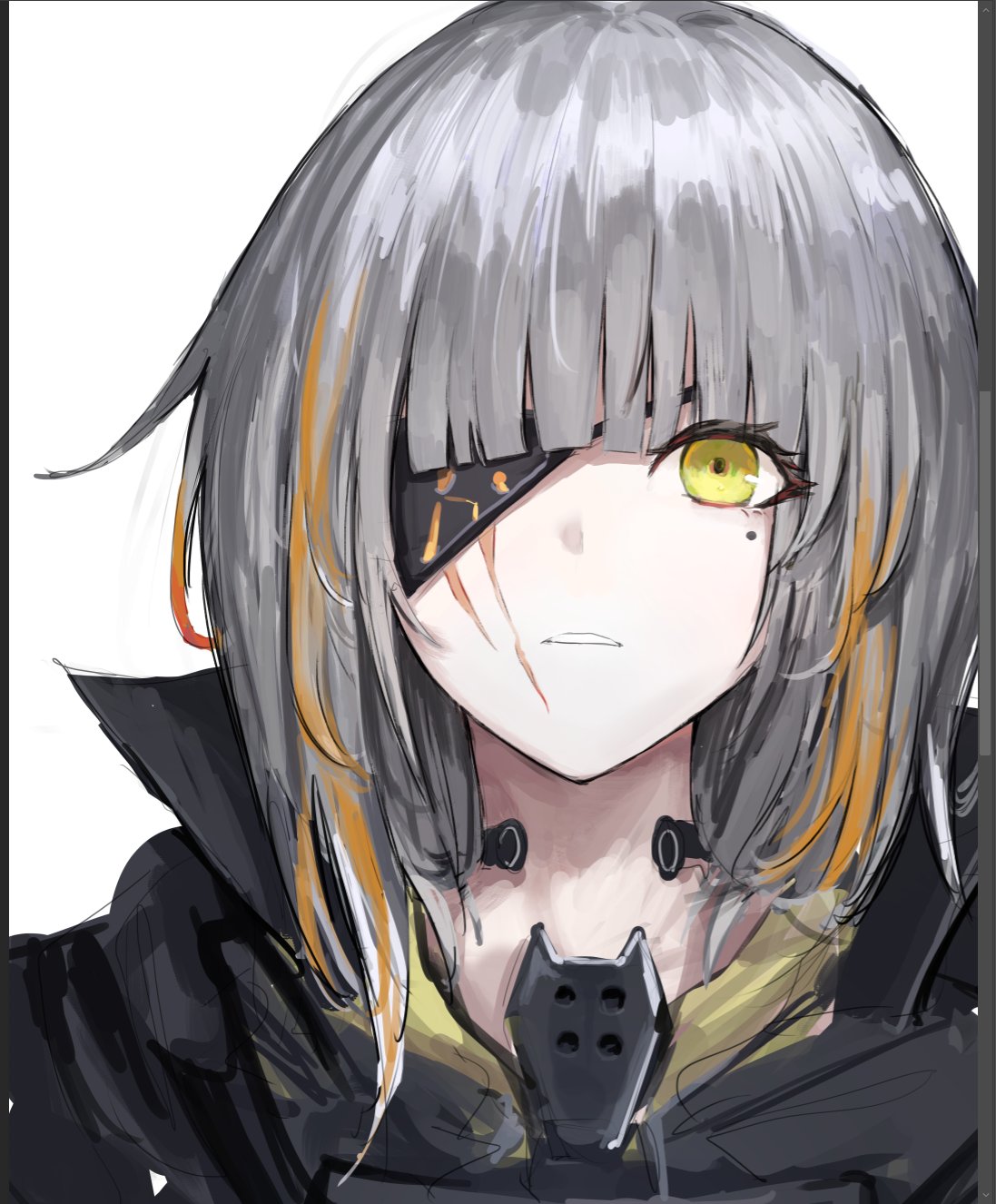 1girl black_shirt eyepatch girls'_frontline grey_hair highres irikawa looking_at_viewer m16a1_(boss)_(girls'_frontline) m16a1_(girls'_frontline) mole mole_under_eye multicolored_hair orange_hair parted_lips scar scar_on_face shirt simple_background solo streaked_hair upper_body white_background yellow_eyes