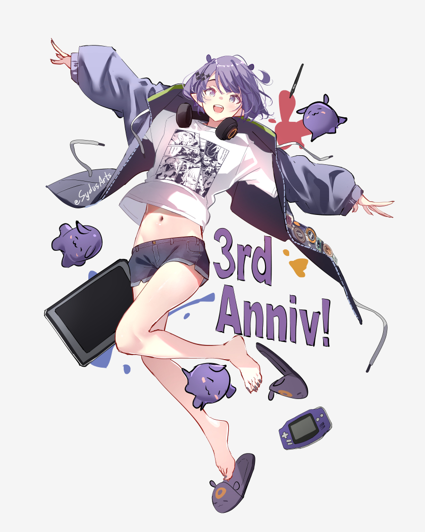 1girl artist_name drawing_tablet game_boy_advance grey_jacket handheld_game_console happy_anniversary headphones headphones_around_neck hololive hololive_english jacket looking_at_viewer navel ninomae_ina'nis ninomae_ina'nis_(5th_costume) official_alternate_costume official_alternate_hairstyle purple_hair purple_nails shoes shoes_removed short_shorts shorts slippers stylus sydus takodachi_(ninomae_ina'nis) virtual_youtuber