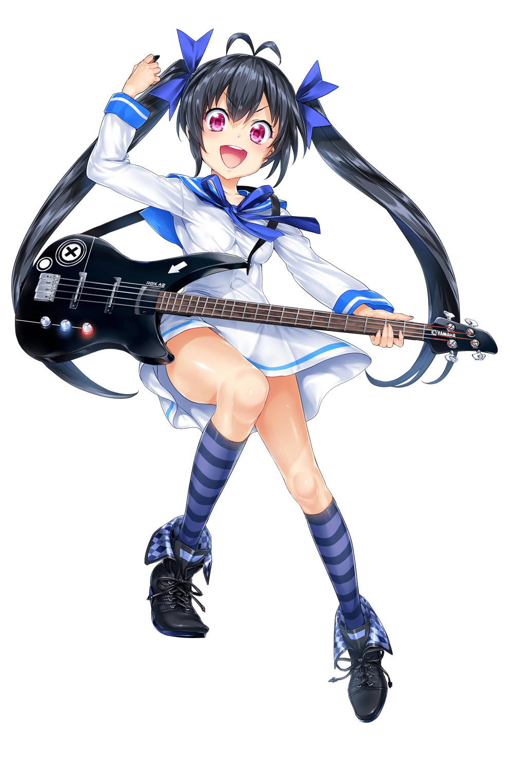 1girl ahoge arm_up bass_guitar black_hair blue_bow blue_ribbon blue_sailor_collar bow breasts dress hakobe_naru highres holding holding_instrument instrument irodorimidori kneehighs leg_up long_hair long_sleeves looking_at_viewer medium_breasts official_art open_mouth plectrum red_eyes ribbon sailor_collar sailor_dress smile socks solo striped striped_socks transparent_background twintails v-shaped_eyebrows very_long_hair