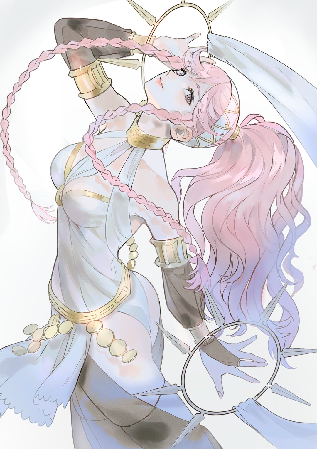 1girl alpaca_carlesi ass bare_shoulders blush bracelet braid breasts dancer fire_emblem fire_emblem_awakening hairband highres jewelry leotard long_hair looking_at_viewer necklace olivia_(fire_emblem) pink_eyes pink_hair ponytail simple_background smile solo thighhighs twin_braids white_leotard